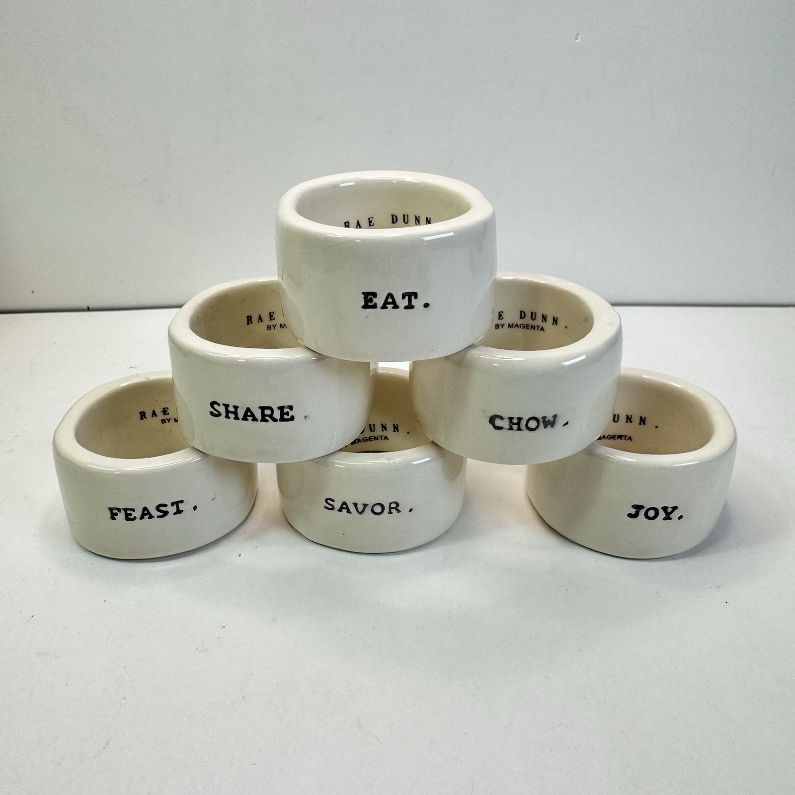 Set of 6 Rae Dunn Napkin Rings Feast Savor Joy Share Eat Chow-Manufacture Defect
