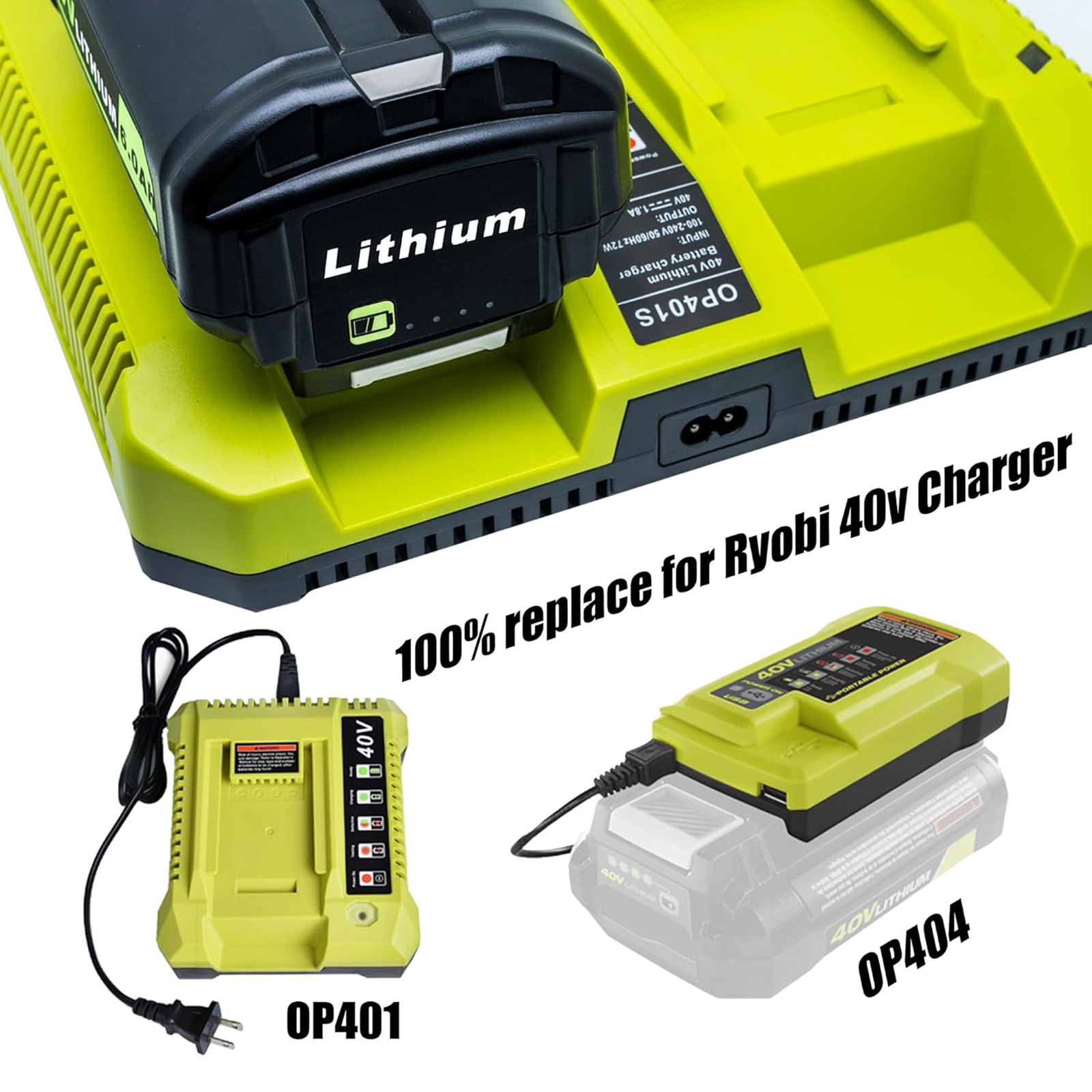 40V Charger OP401S for Ryobi 40V Battery, Dual Battery Charger for Ryobi OP4040