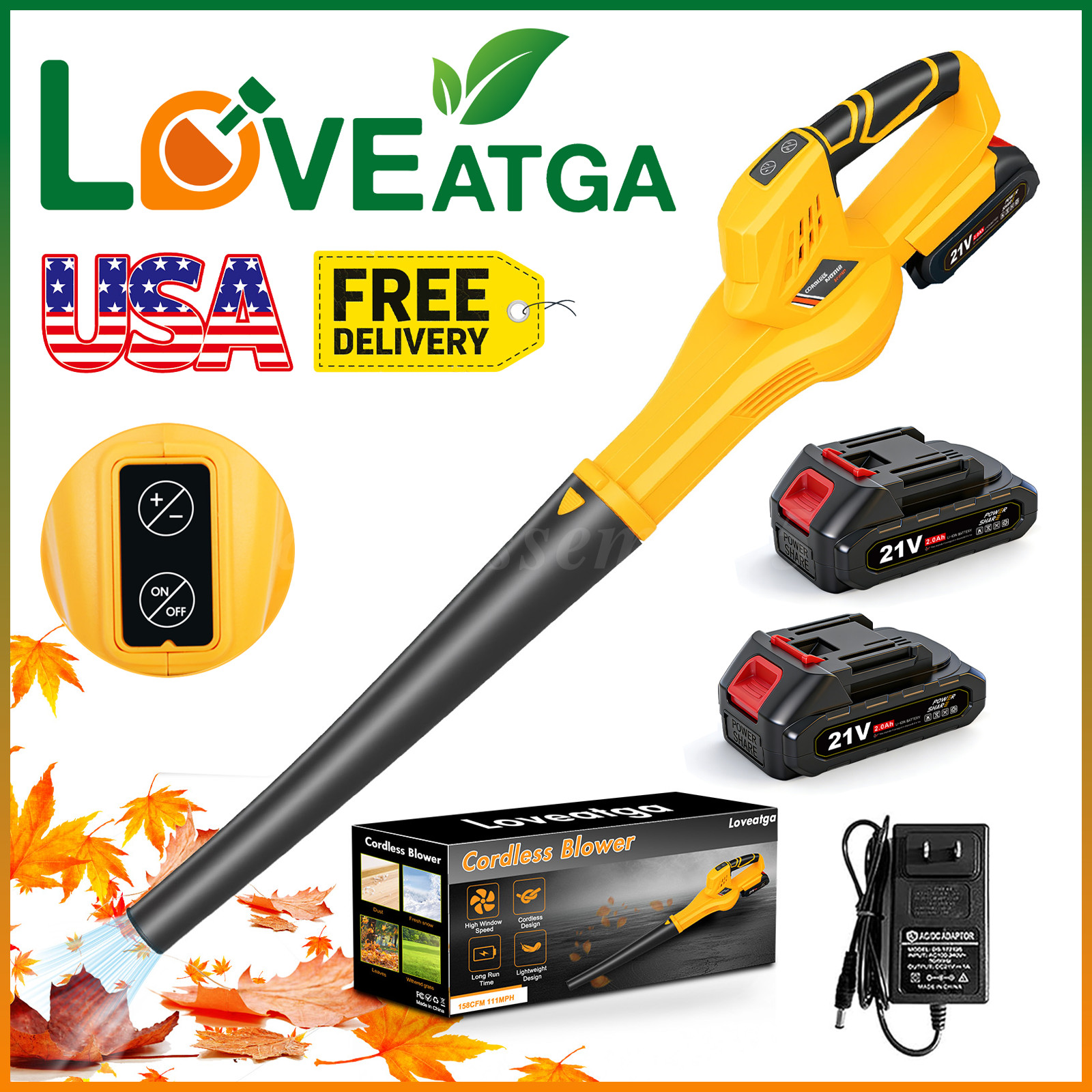 Cordless Leaf Blower, Electric with 2 Batteries, 6 Speeds & Charger Included NEW