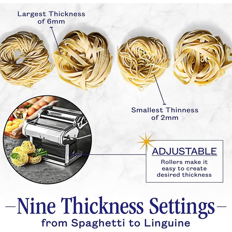 Stainless Steel Manual Pasta Maker 7 Thickness Settings 2 Blade Attachments New