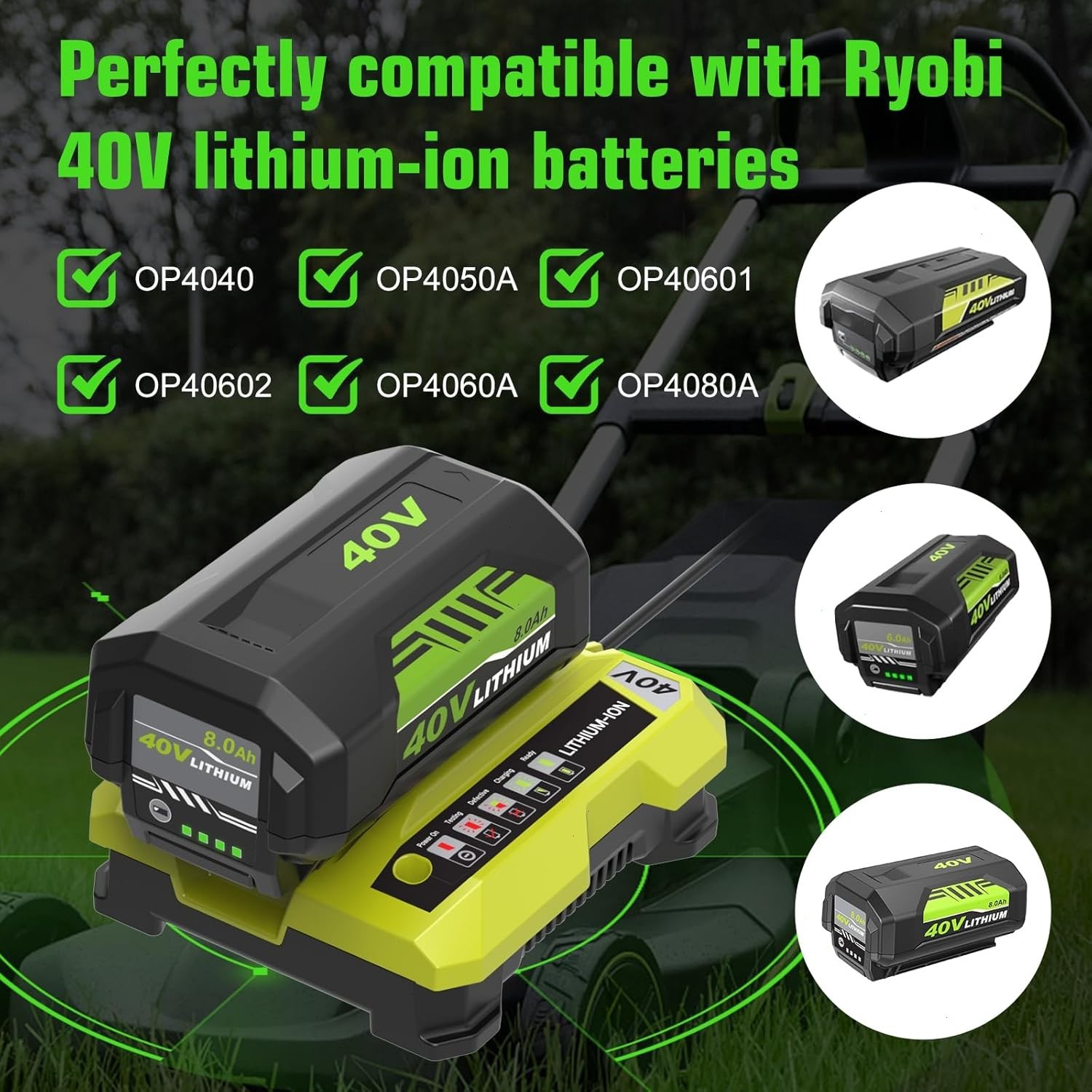 8.0Ah Battery 40 Volt for Ryobi 40V Lithium OP40602 Battery with LED / Charger