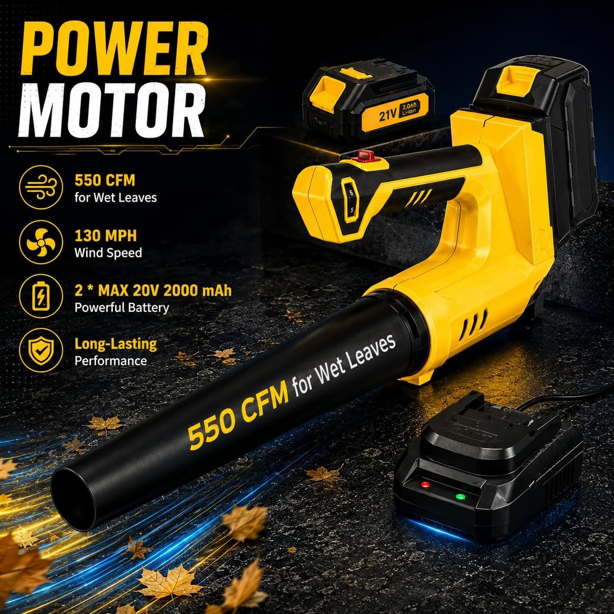 550CFM Cordless Leaf Blower 21V 150MPH Battery Powered Handheld Blower + Charger