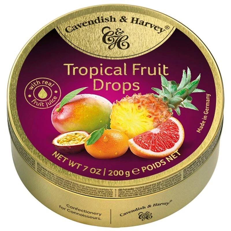Cavendish & Harvey 7 oz TROPICAL FRUIT Drops Hard Candy in Metal Tin *BB 7/2028*