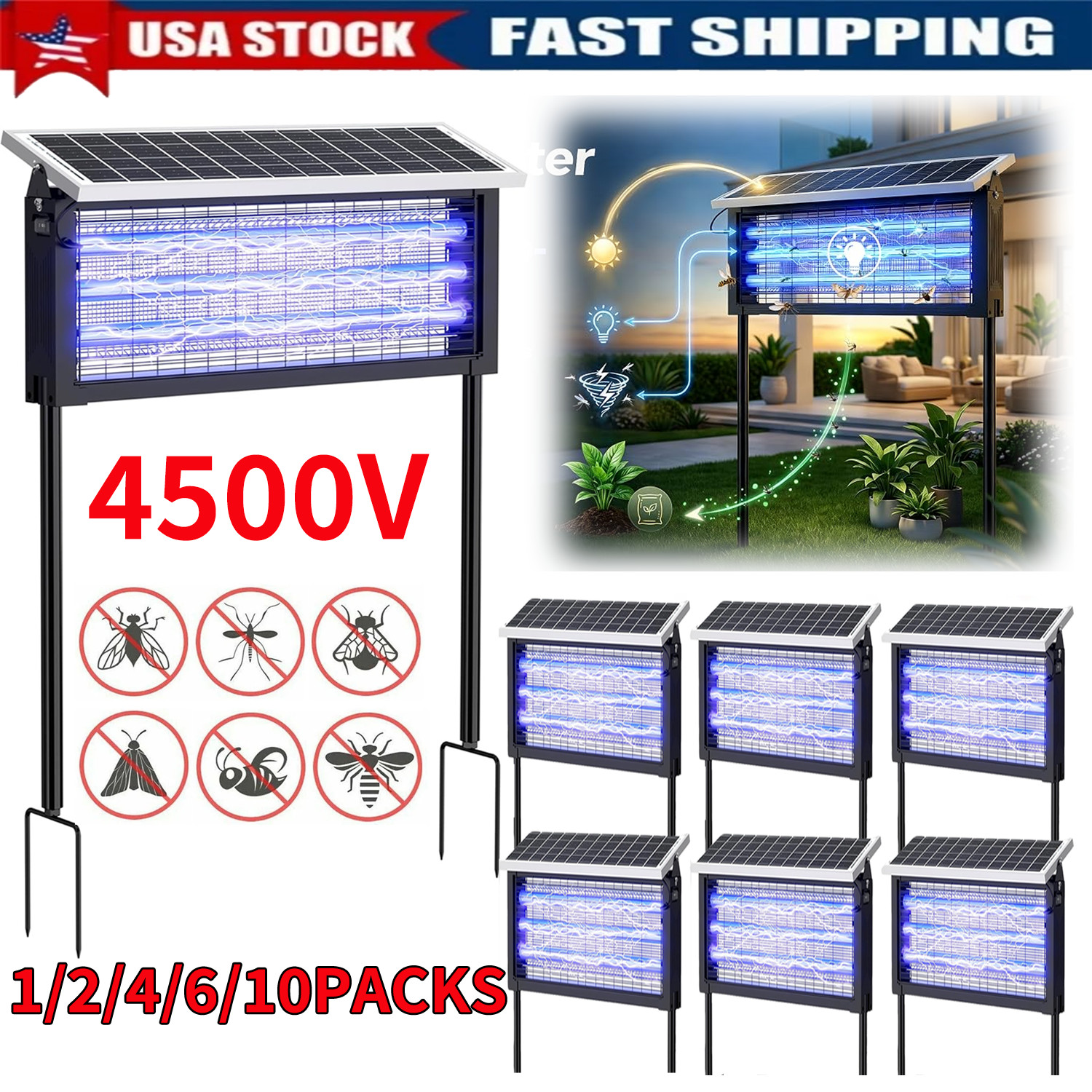 Solar Bug Zapper Outdoor Cordless Fly Trap Insect Zapper 4500V Mosquito Zapper