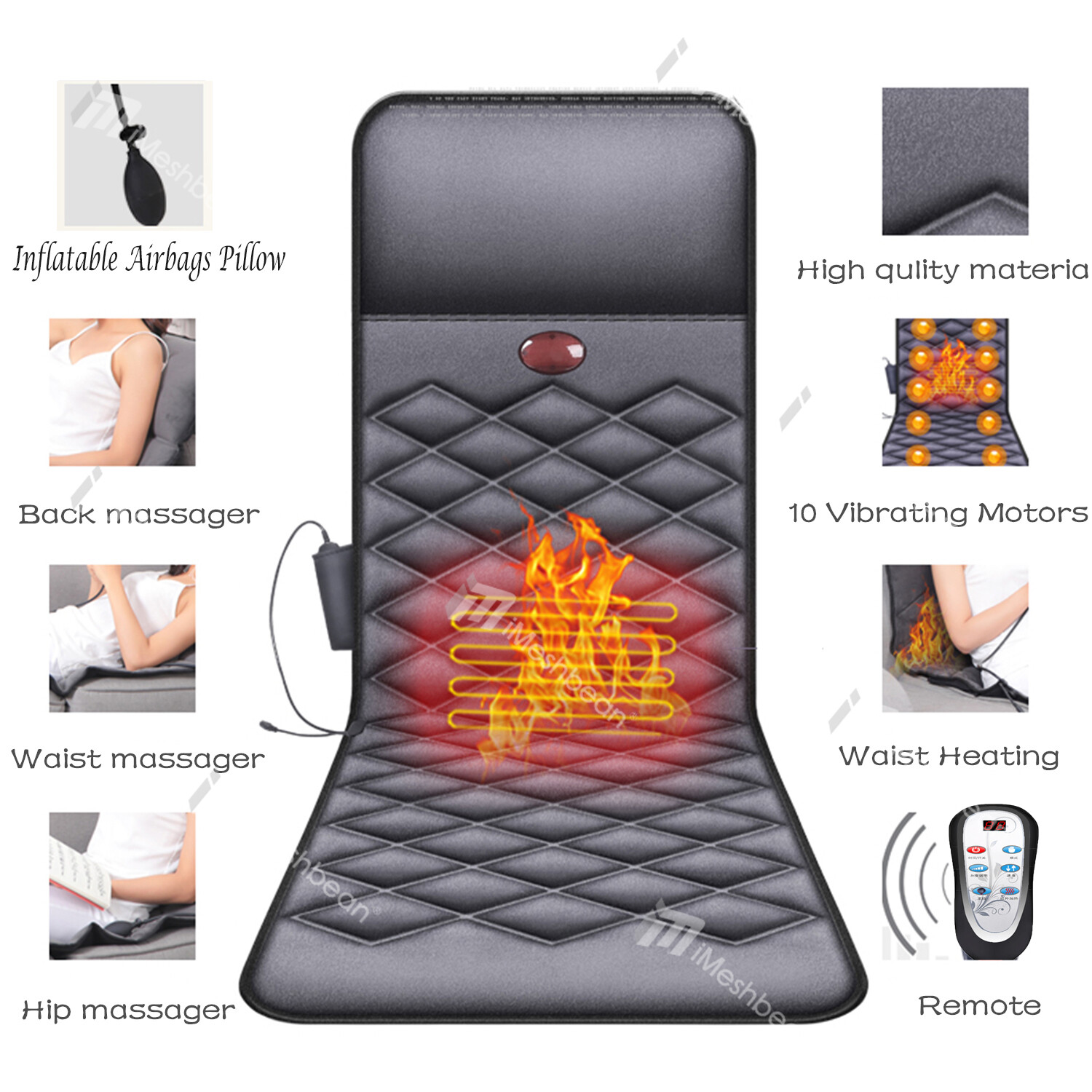 Full Body Massage Mattress Vibration Cushion Mat Neck Back Leg Heat & Inflatable