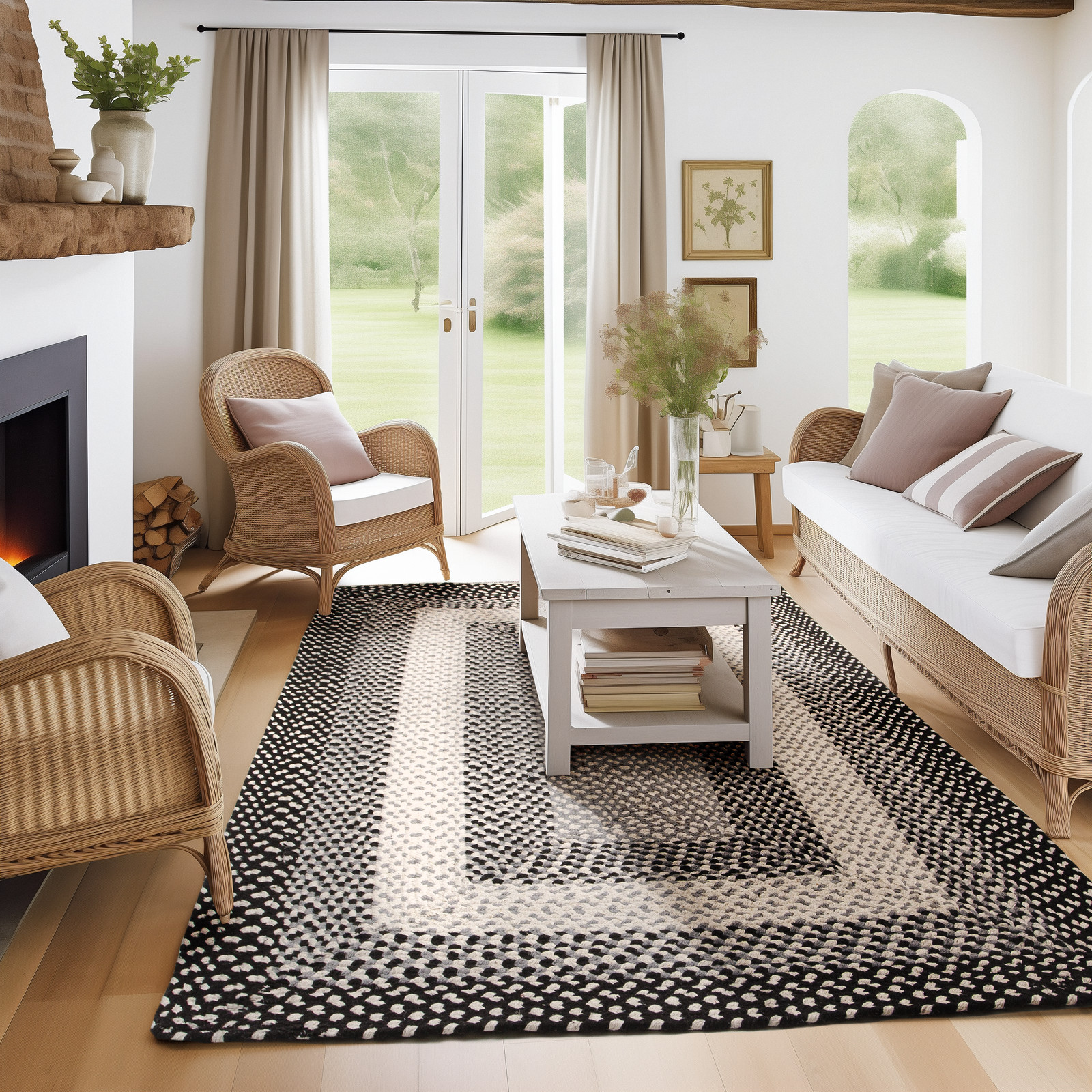 Farmhouse Braided Area Rug Black White & Gray Rug for Living Rooms and Bedroom