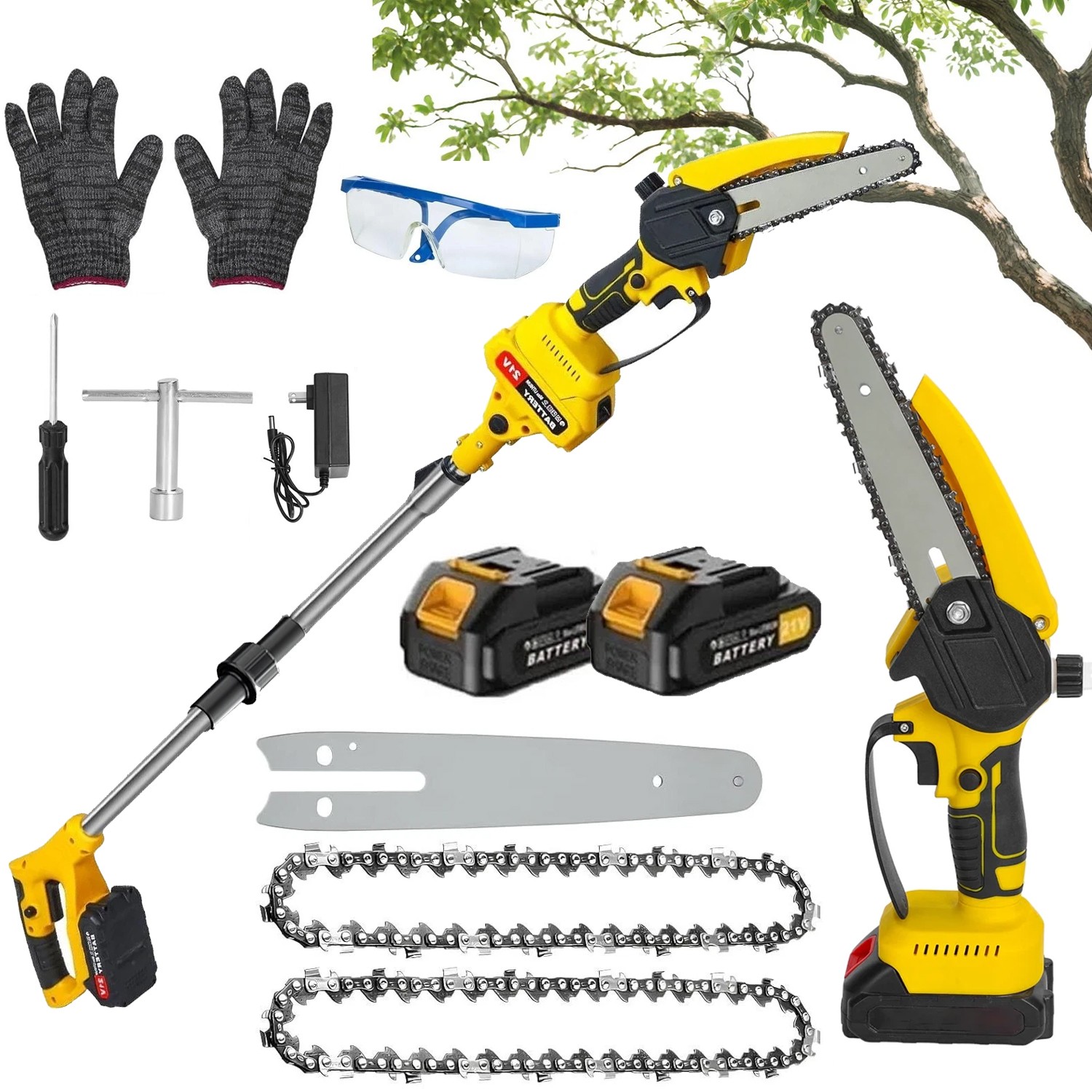 2 in1 Cordless Pole Saw Brushless Mini Chainsaw for Tree Trimming w/ 2 Batteries