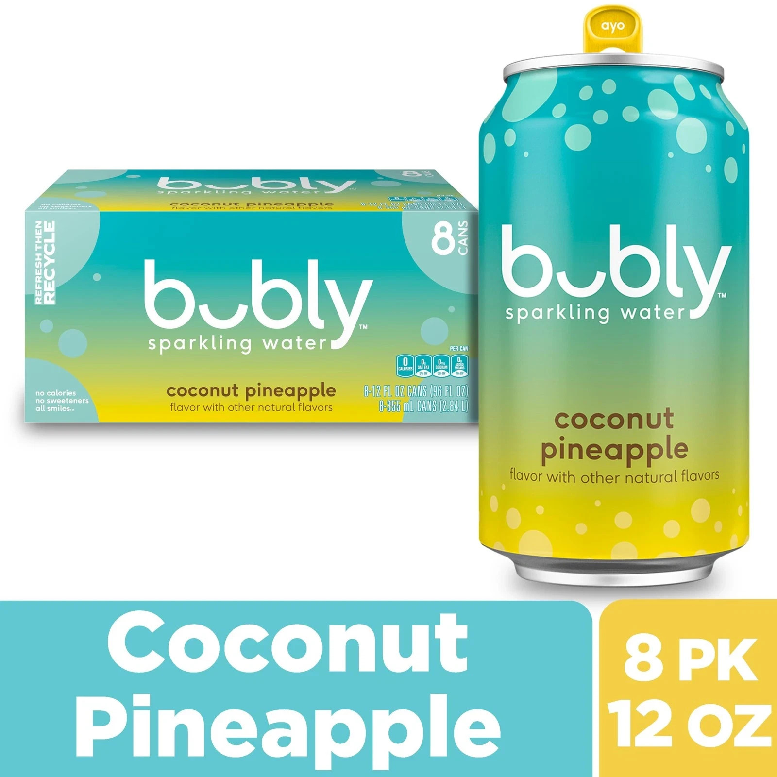 Bubly Summer Coconut Pineapple Sparkling Water, 12 fl oz, 8 Pack Cans-free ship
