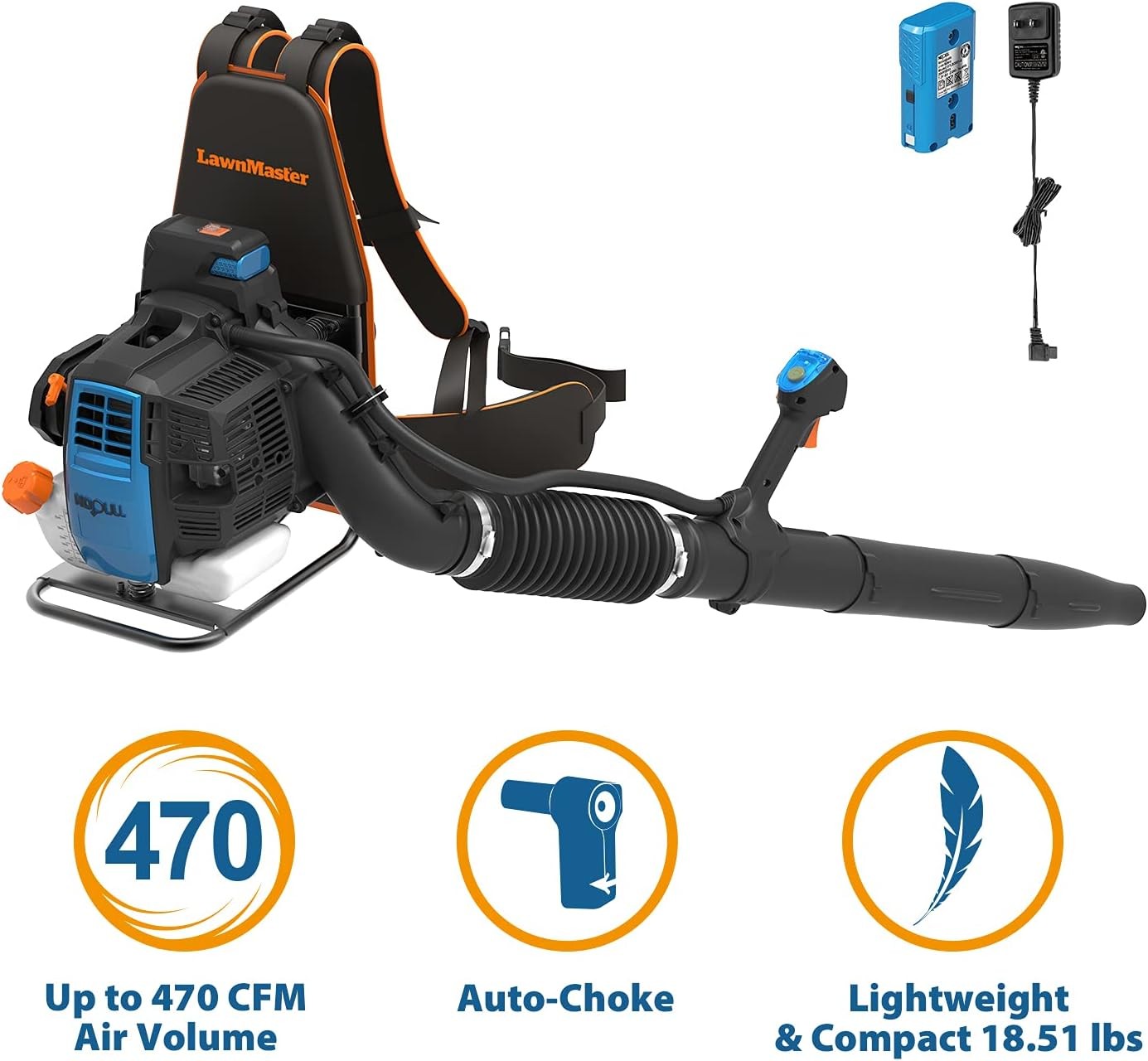 LawnMaster NPTBL31AB Gas Backpack Leaf Blower 31cc Electric Start 470CFM 175MPH
