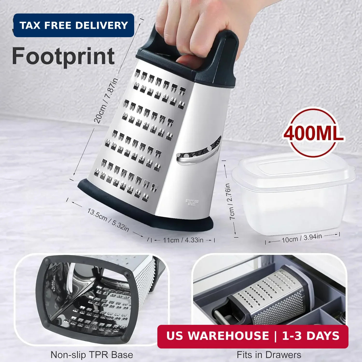 Ourokhome Cheese Grater, Handheld Box Grater with Container & Lid, 4-Sided Stain
