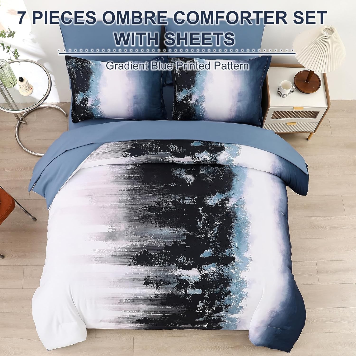 Ombre Blue Comforter Set Queen – 7 Piece Boho Bedding for Teens & Adults