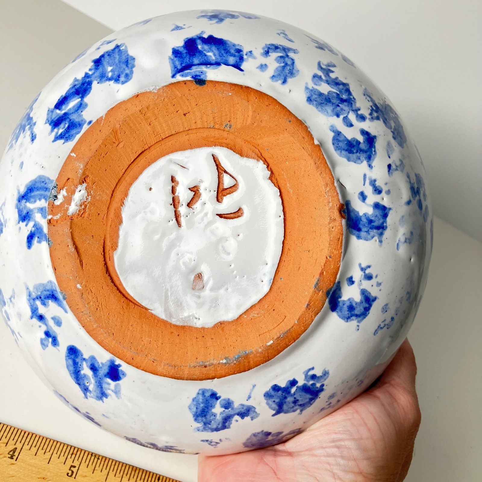Bybee Pottery Serving Bowl Vintage 8.5in Blue White Spongeware Kentucky BB