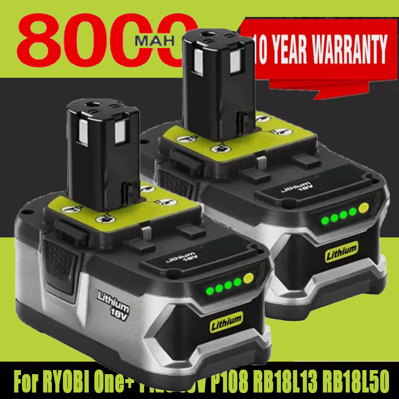 2x 18V Lithium Battery For Ryobi P108 ONE+ Plus RB18L50 RB18L40 P104 P105 8.0Ah