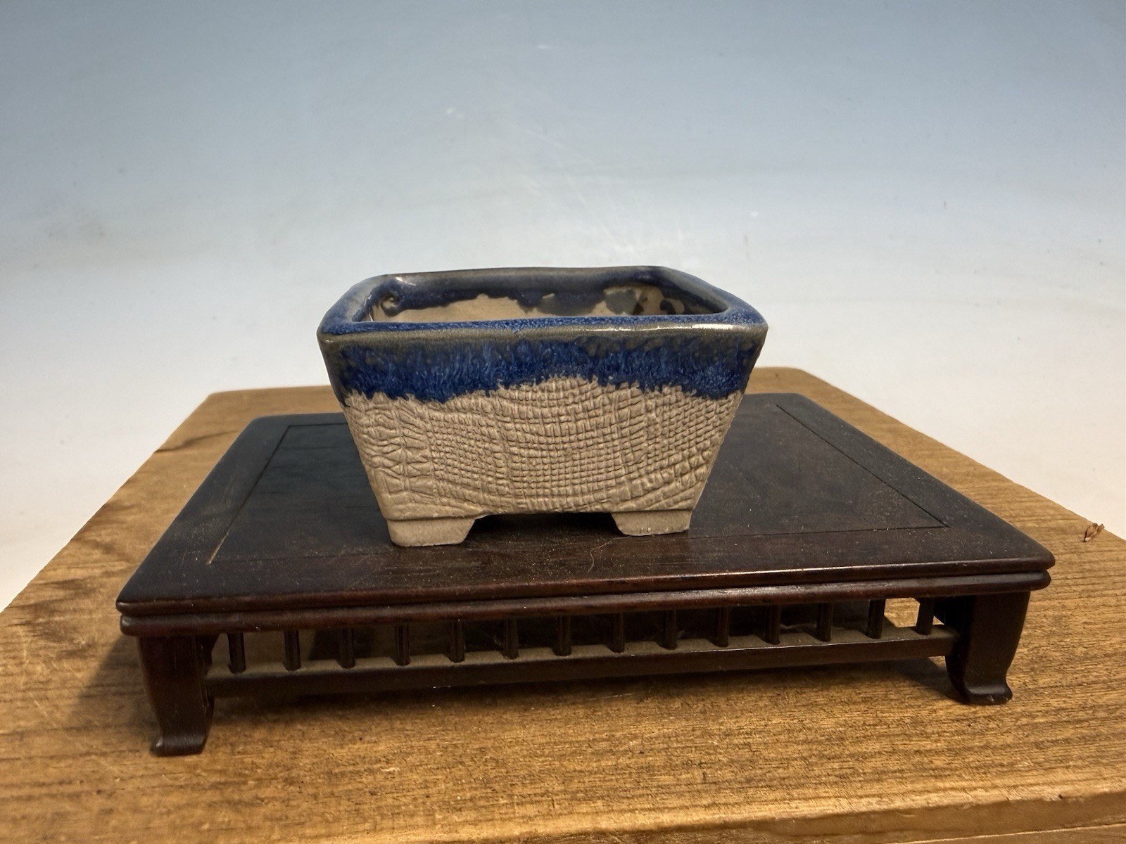 Japanese Unknown Maker Shohin Bonsai Tree Pot 2 7/8 By 1 5/8” Blue Glazed Rim
