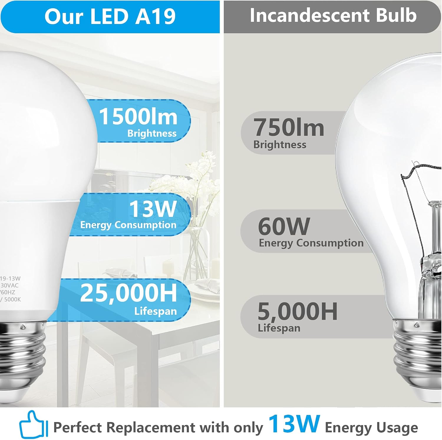 A19 LED Light Bulbs, 100 Watt Equivalent LED Bulbs, Daylight White 5000K, 1500LM