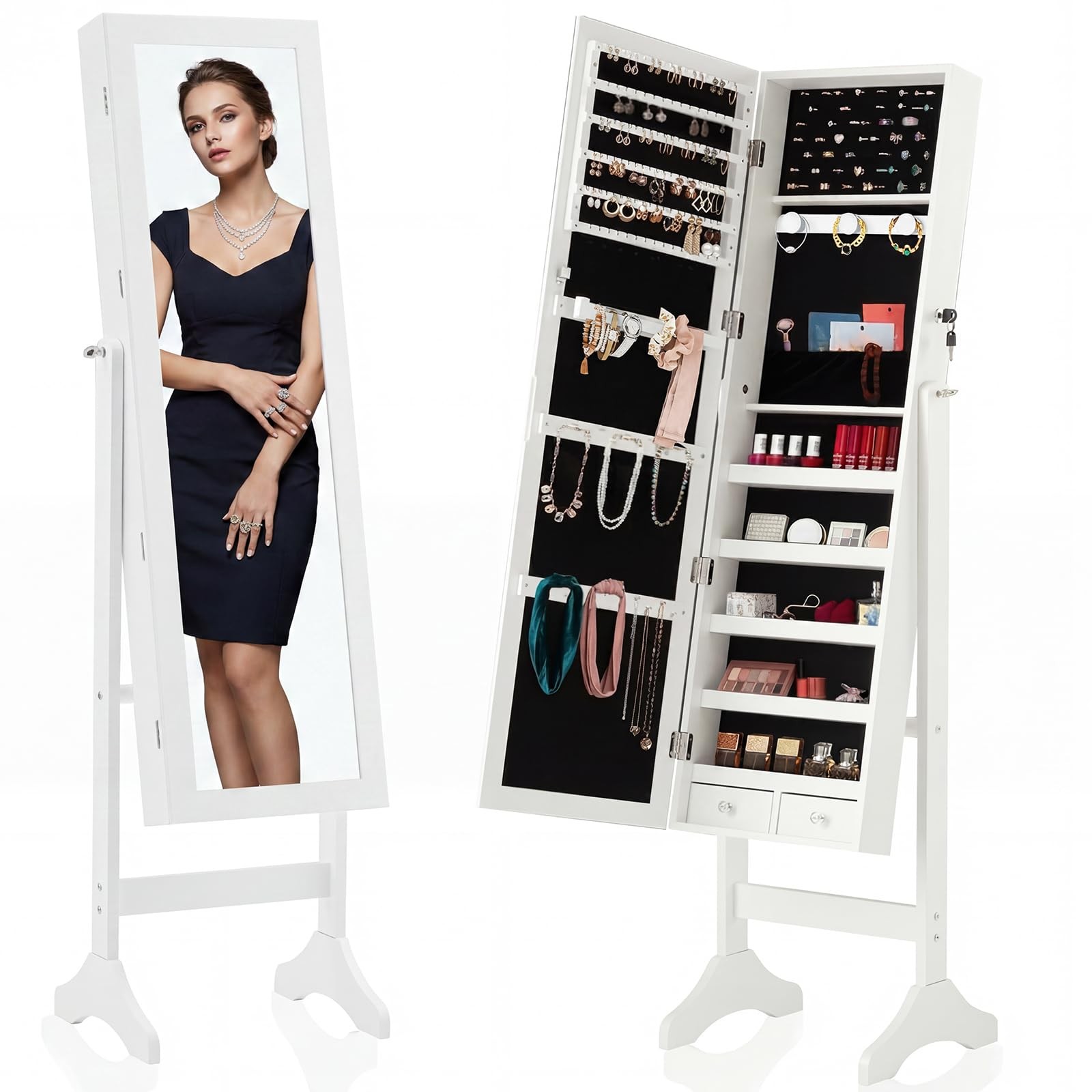 DUMOS 47.3″ Freestanding Jewelry Armoire Cabinet with Mirror, White