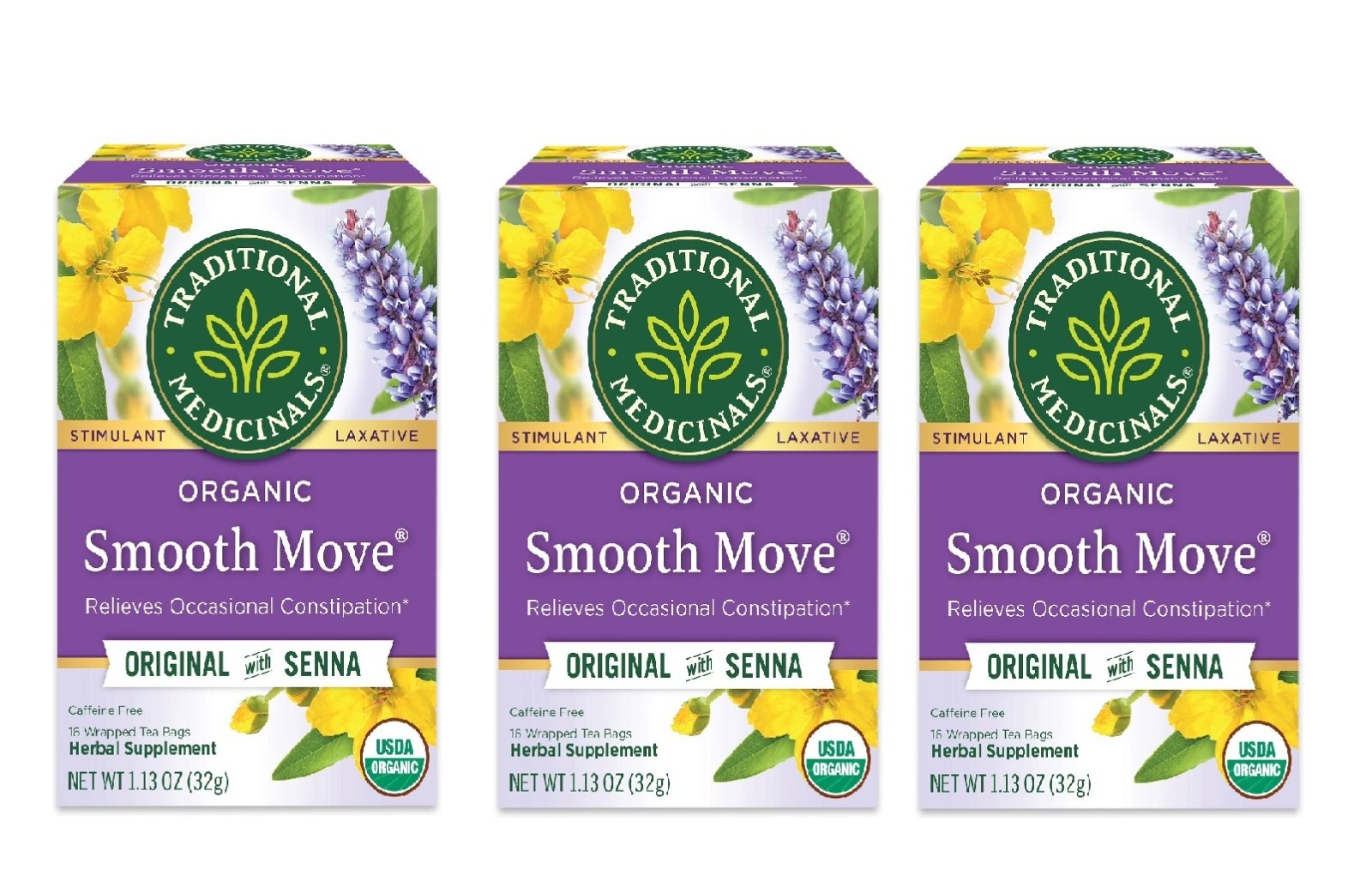 Traditional Medicinals, Organic Smooth Move, Laxative Tea Bags, 16 Ct Pack of 3