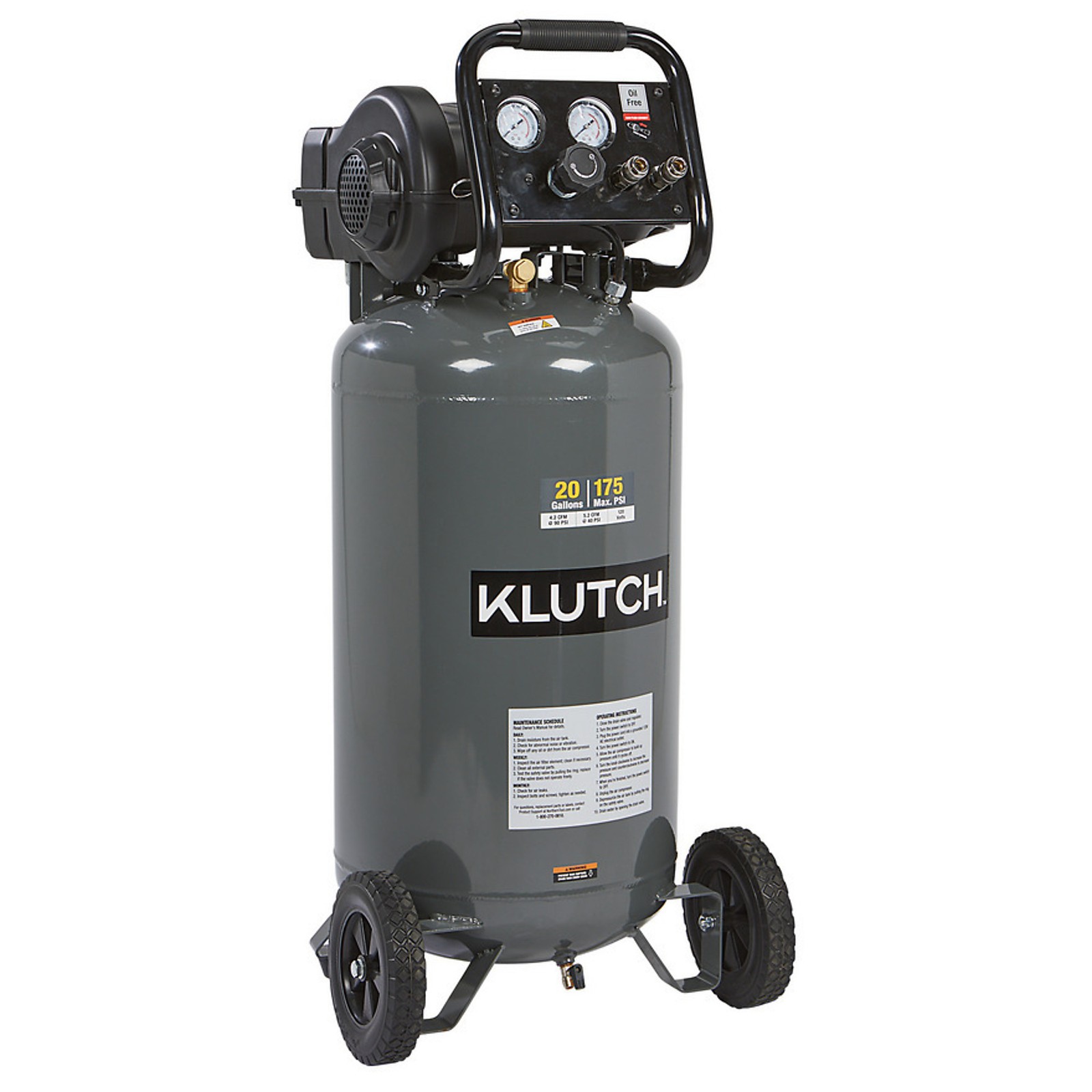 Klutch 20-Gallon Air Compressor, 2 HP, 120 Volts, 175 PSI, Model# 203001004001
