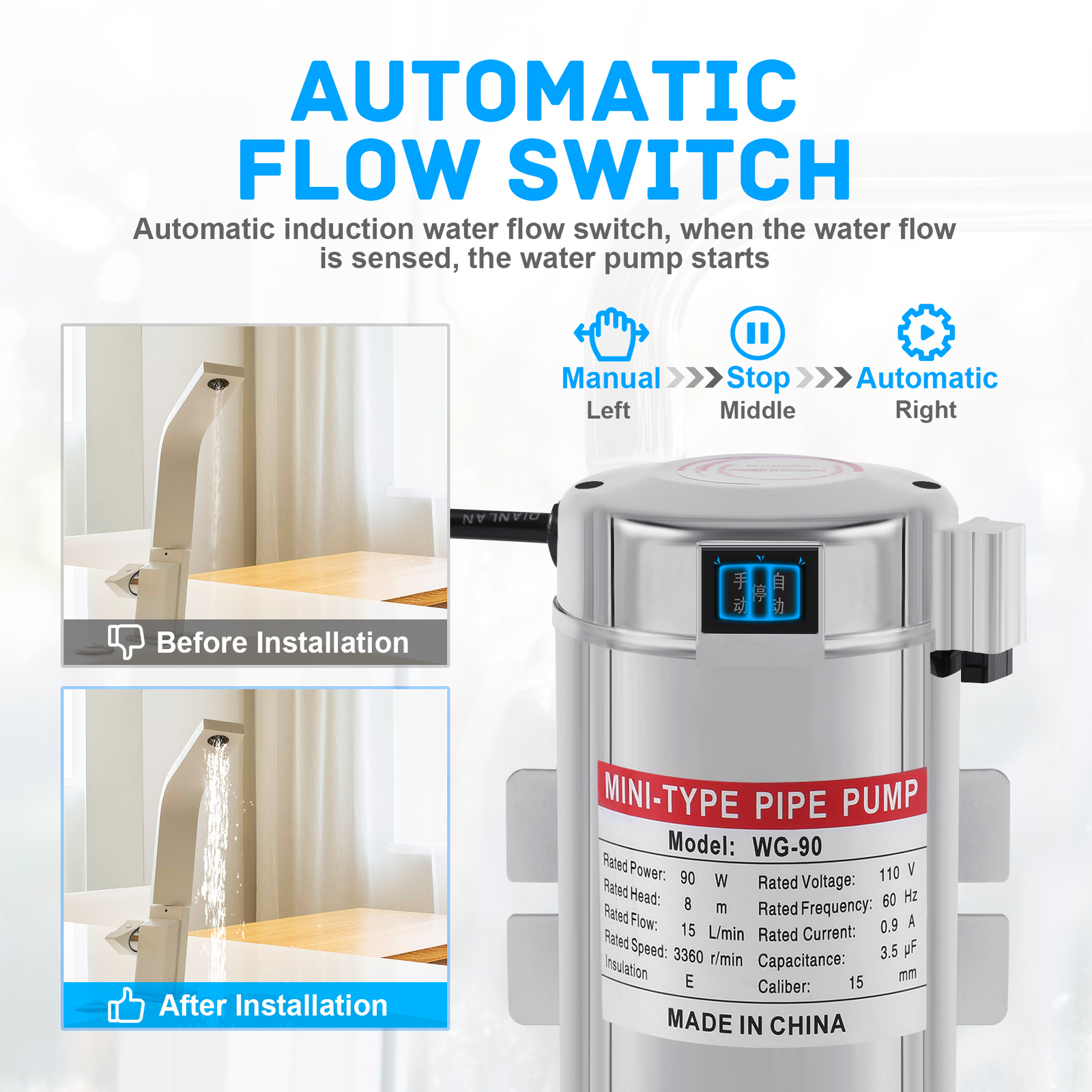 Electric Automatic Home Shower Washing Machine 90W Water Booster Pump