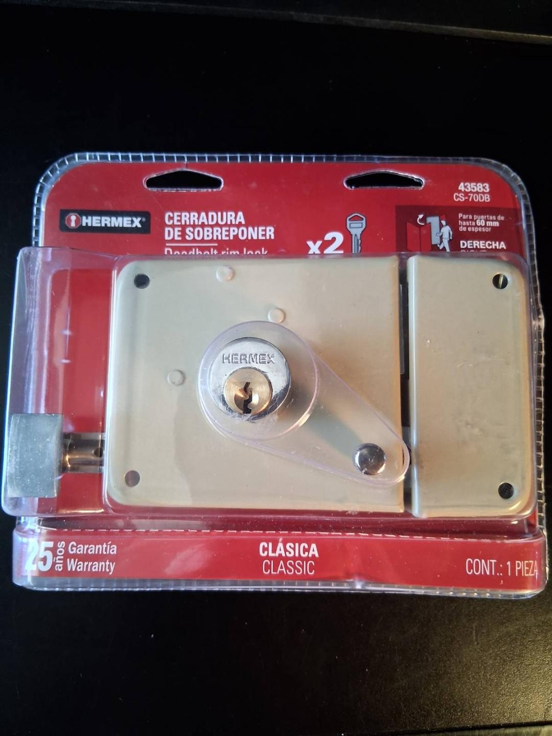 Hermex CS-70DB Classic rim lock, traditional key, blister pack (right)