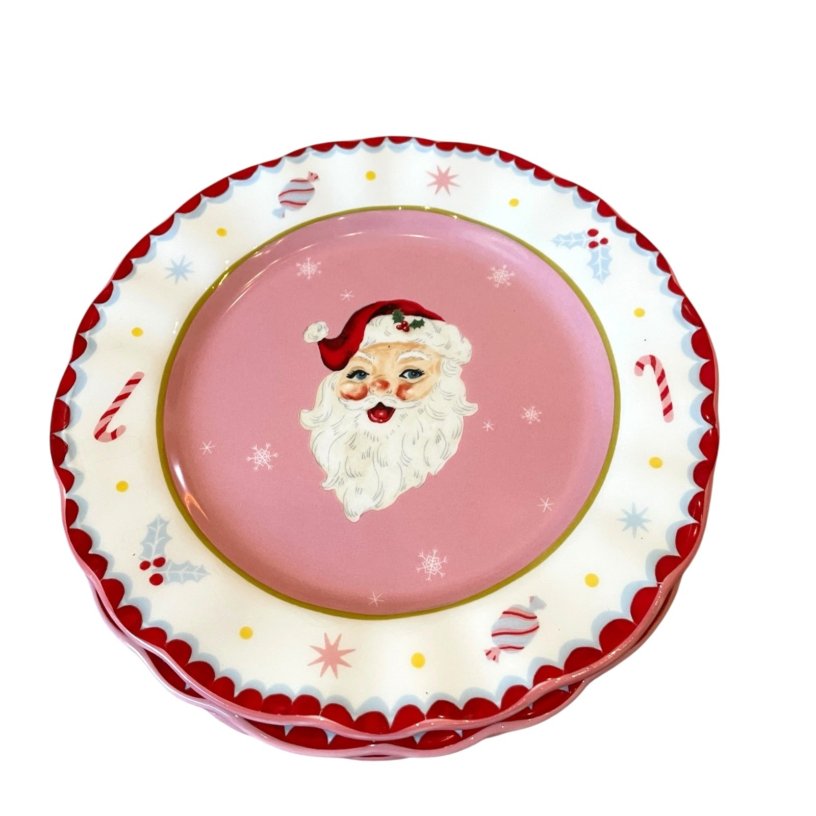 Potter’s Studio PINK SANTA Salad Plates 8.5in Ceramic Set of 4 Christmas New