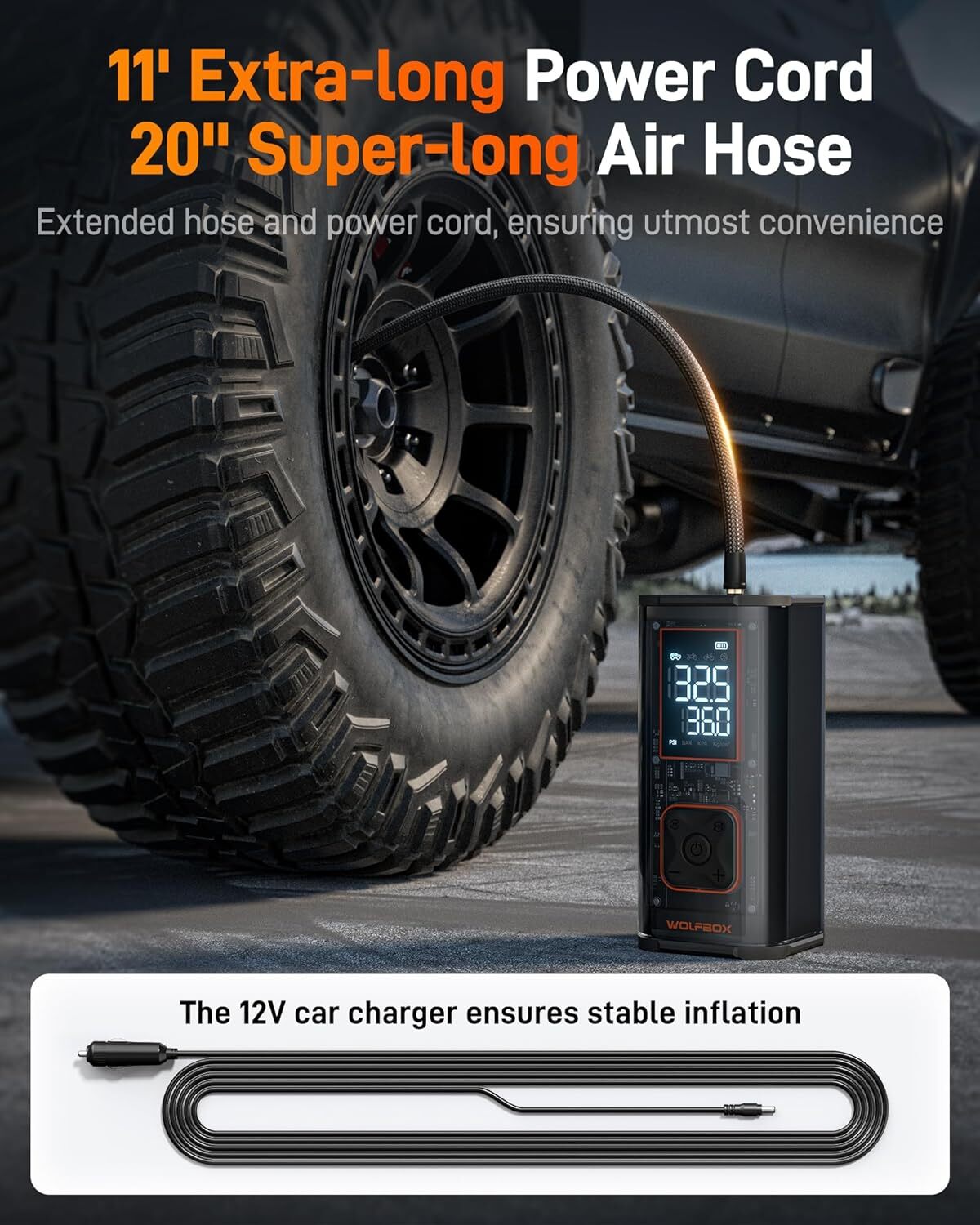 WOLFBOX 150 PSI Air Compressor Tire Inflator Fits Car Moto Bike Tires Air Pump