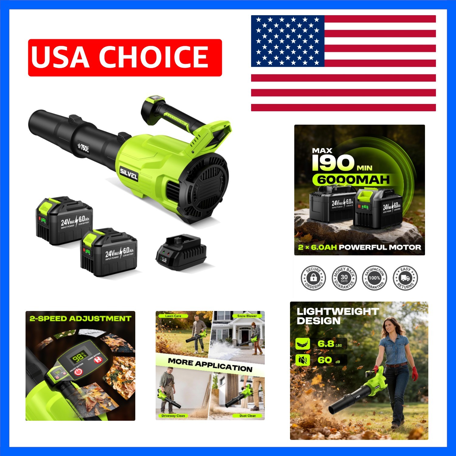 Cordless Leaf Blower with 2×6.0Ah Battery and Quick Charger, 750CFM 250MPH Hi…