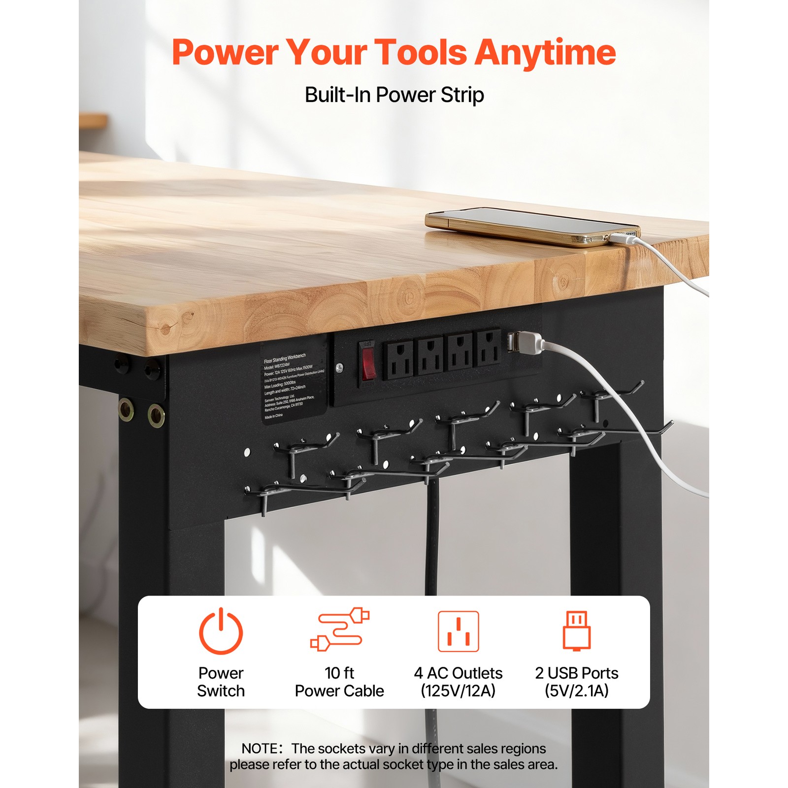 Uimoso Adjustable Workbench with Oak Wood Top and Built-in Power Outlets,72x24in