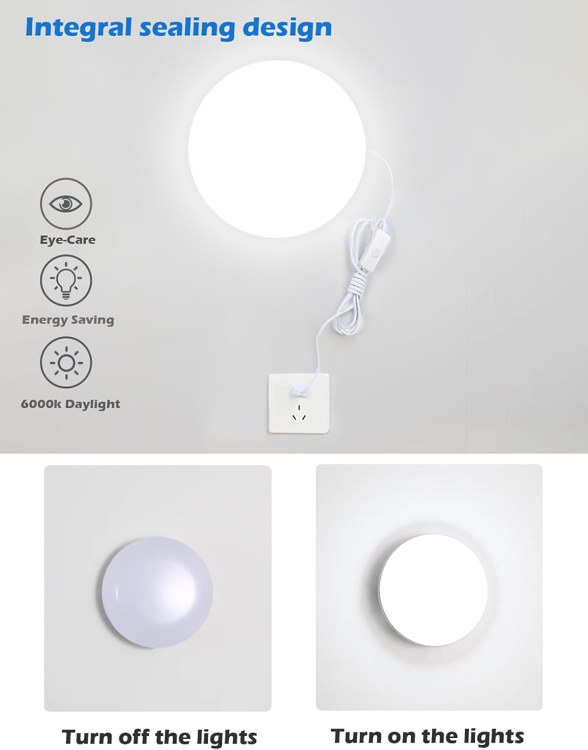 2-Pack 9.8 Inch Plug-In LED Ceiling Light with Switch,Built-In LED Source,White