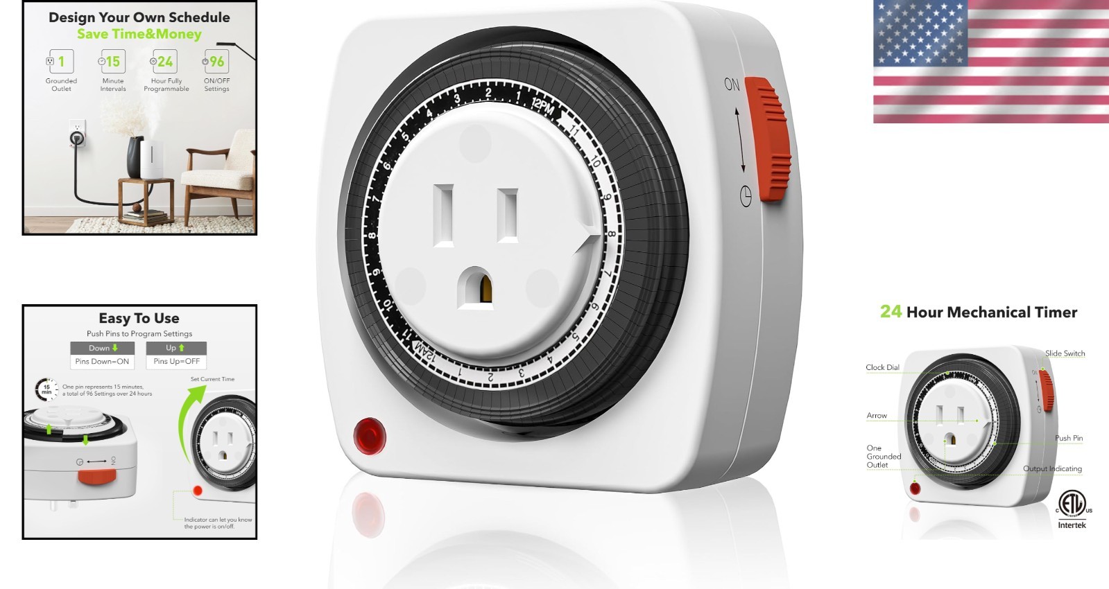Compact Heavy-Duty Indoor Timer with 3-Prong Plug and 96 Programmable Slots
