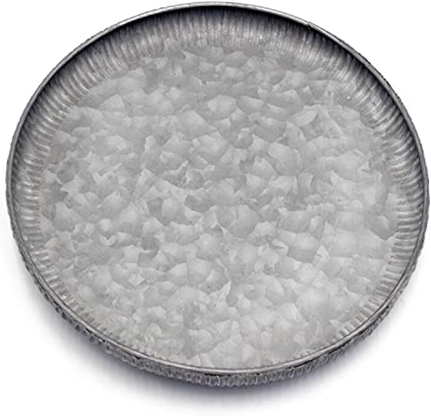 Galvanized Metal Tray Round Decorative Corrugated Edge Small 9.8in Vintage