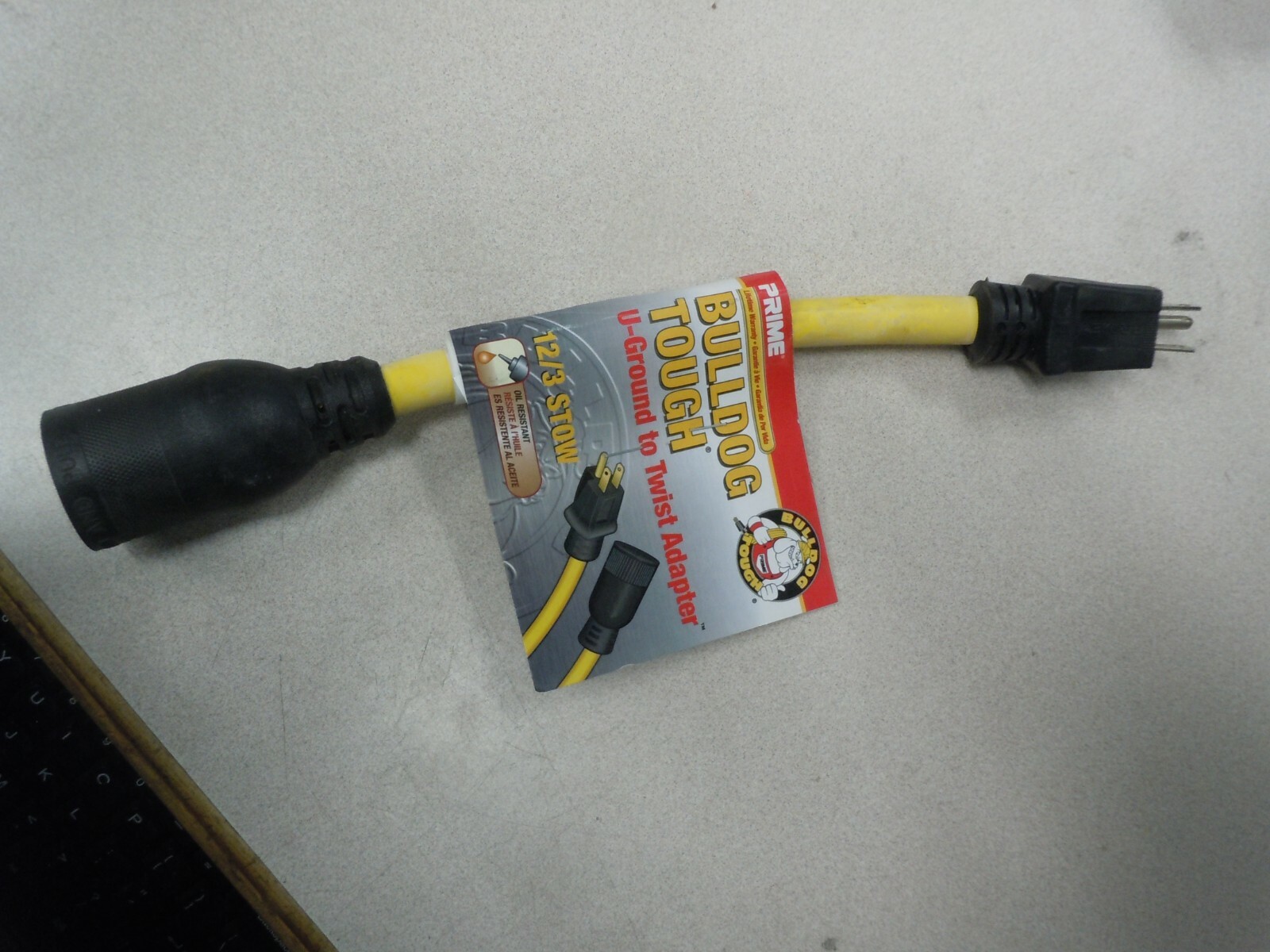 Prime AD110801L 15A 125V Yellow 12/3 STW U-Ground to Twist-to-Lock Adapter 1 ft.