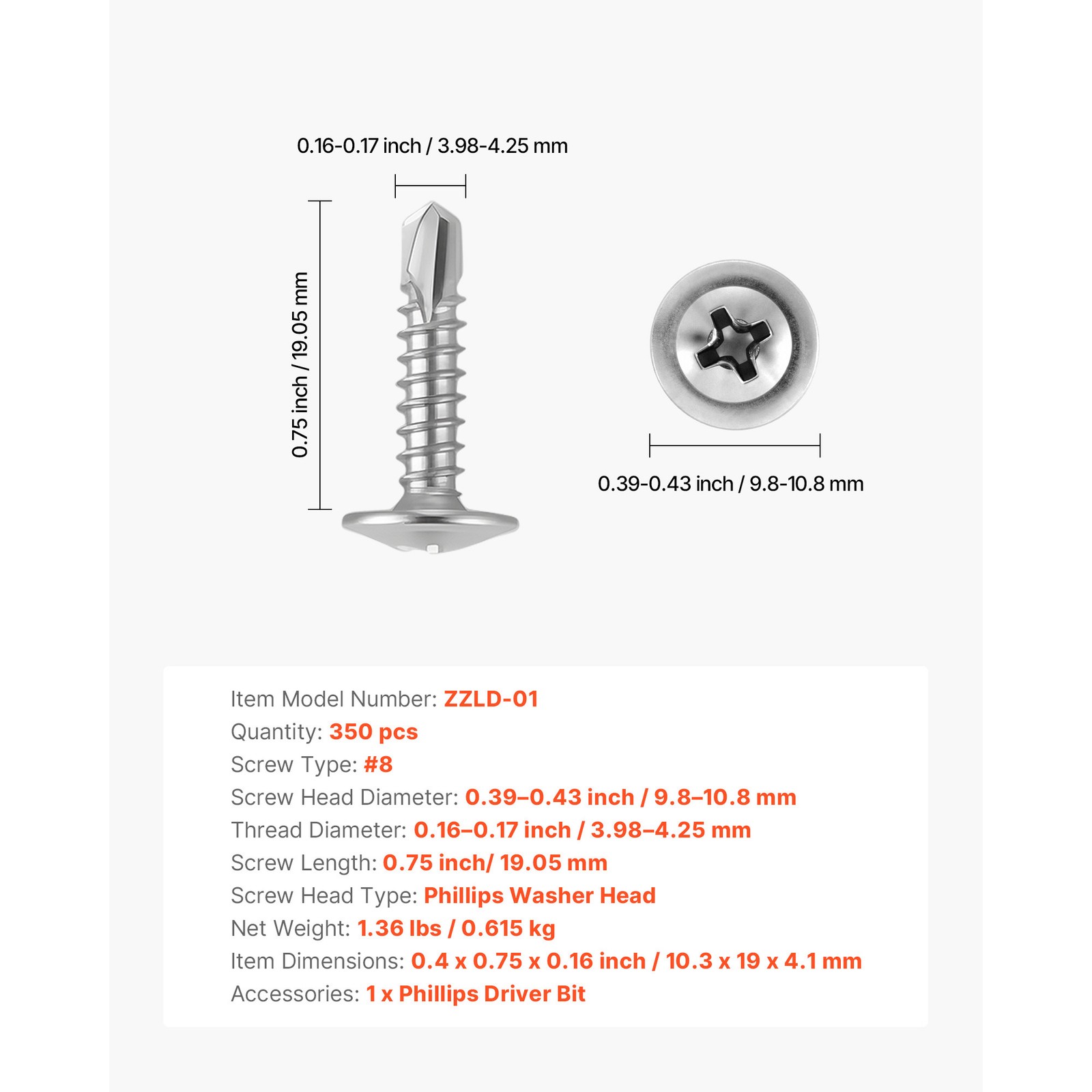 Self Tapping/Drilling Screws 3/4 Inch Stainless Steel Phillips Wafer Head 350pcs