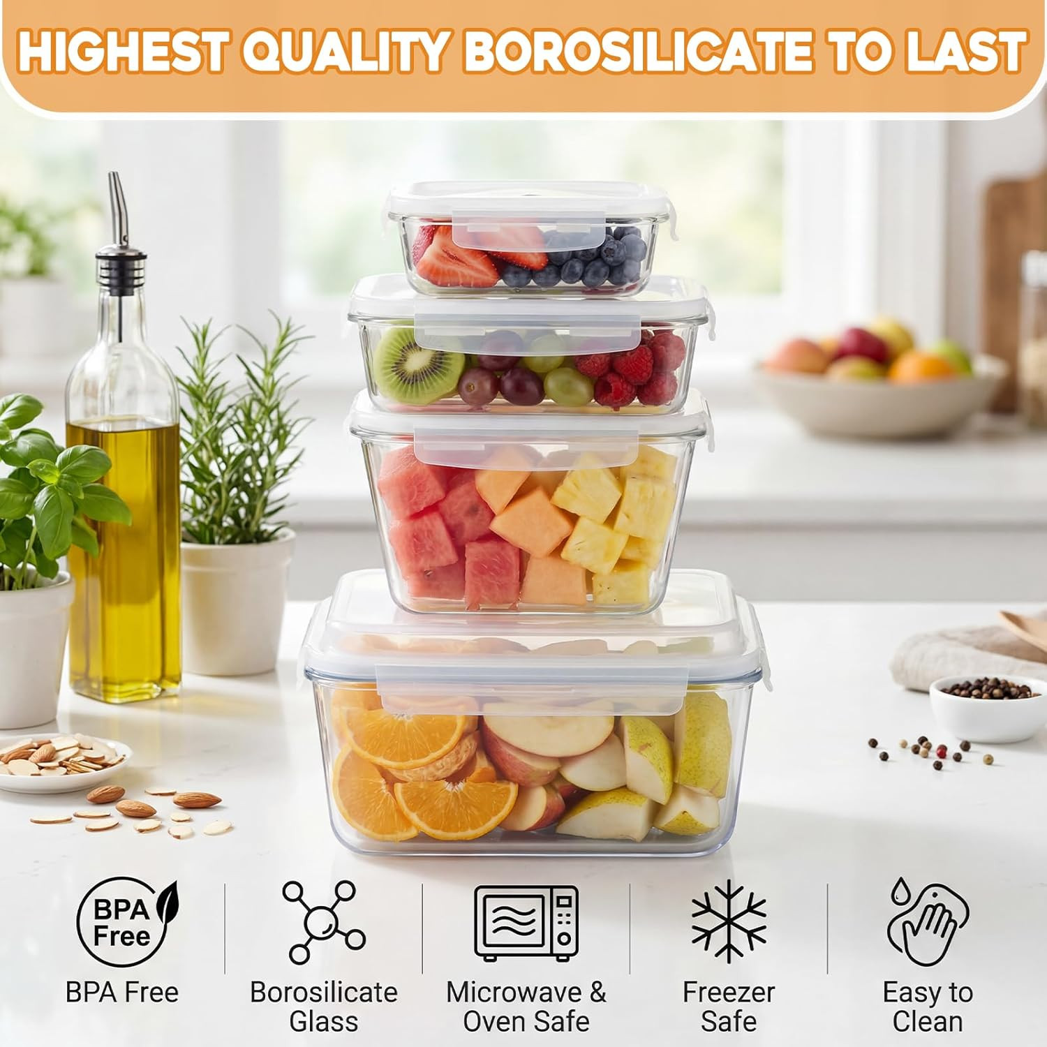 4 Pcs Extra Large Glass Food Storage Container with Airtight Locking Lid 205Oz 8