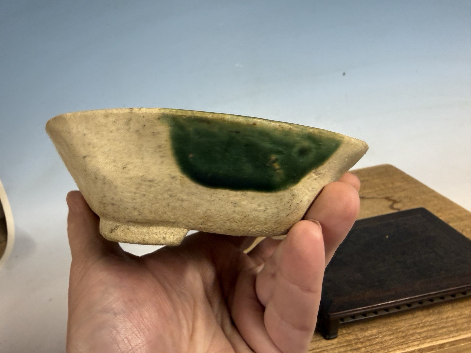 Japanese Unknown Maker Shohin Bonsai Tree Pot 6 1/4 By 1 7/8” Cream And Green