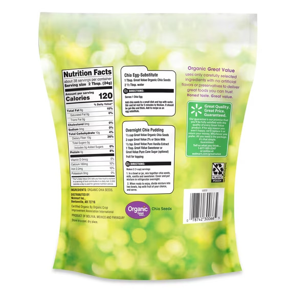 Great Value Organic Chia Seeds, 32 oz (907g) – USDA Organic, Gluten-Free..