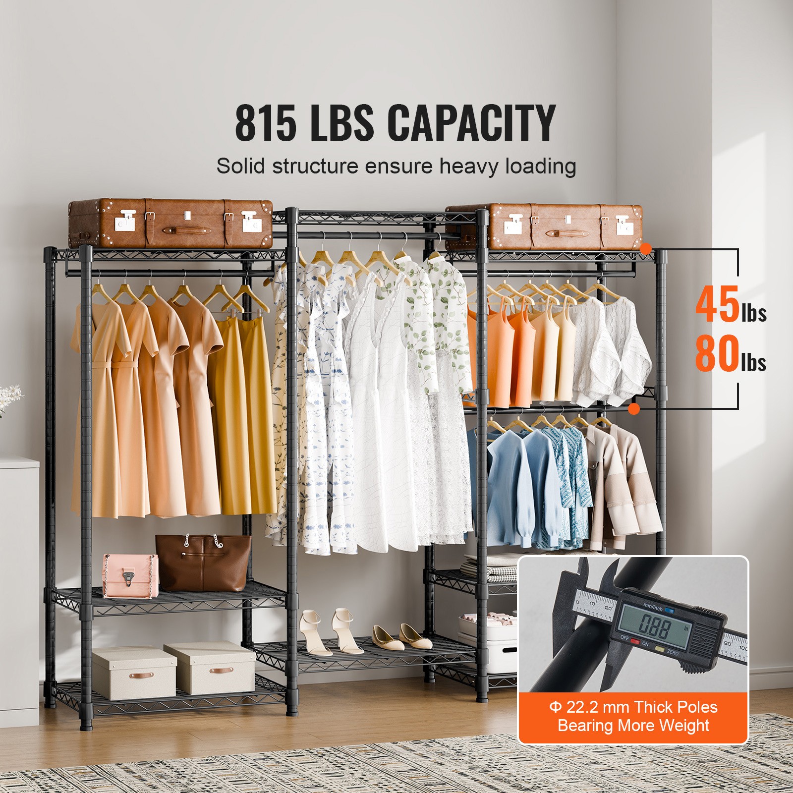 VEVOR Clothes Rack Rolling Clothing Garment Rack 4 Hang Rods & 8 Storage Tiers