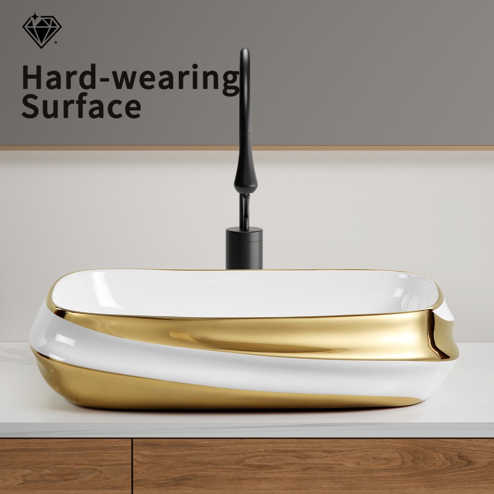 24X17 Ceramic Bathroom Vessel Sink Above Counter Modern Vanity Art Basin Gold
