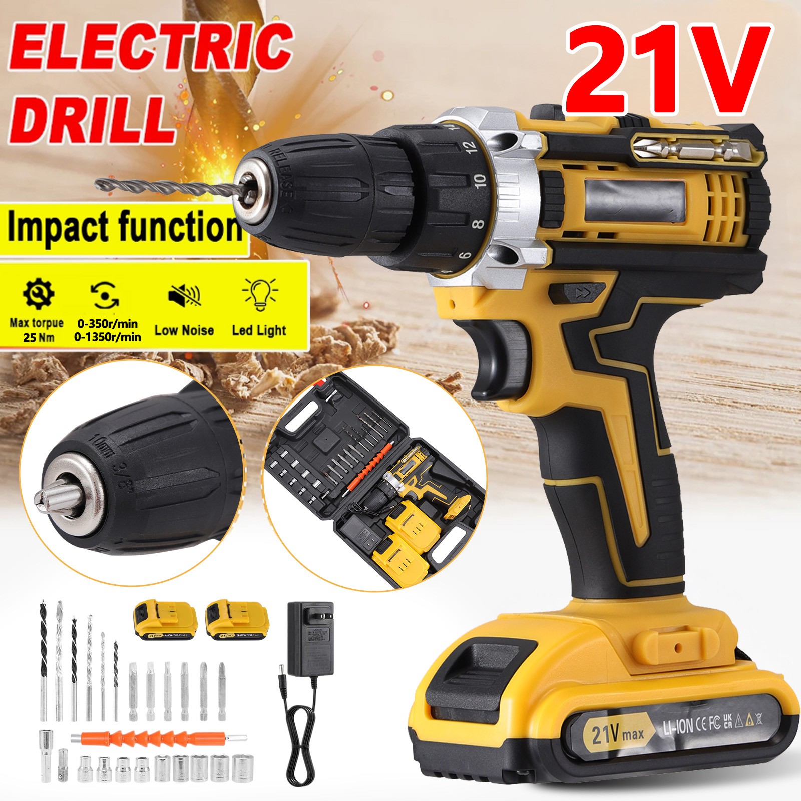 21V Electric Drill Power Cordless Screwdriver Drill Set With 2 Battery & Charger
