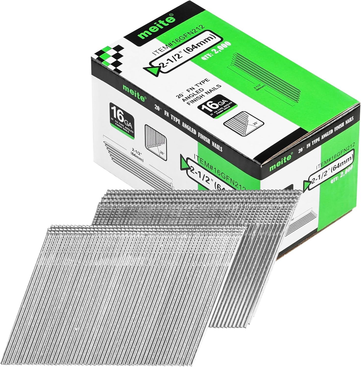 2,000 Counts 16 Gauge Angled Finish Nails 2-1/2-Inch Length 20-Degree Galvanized