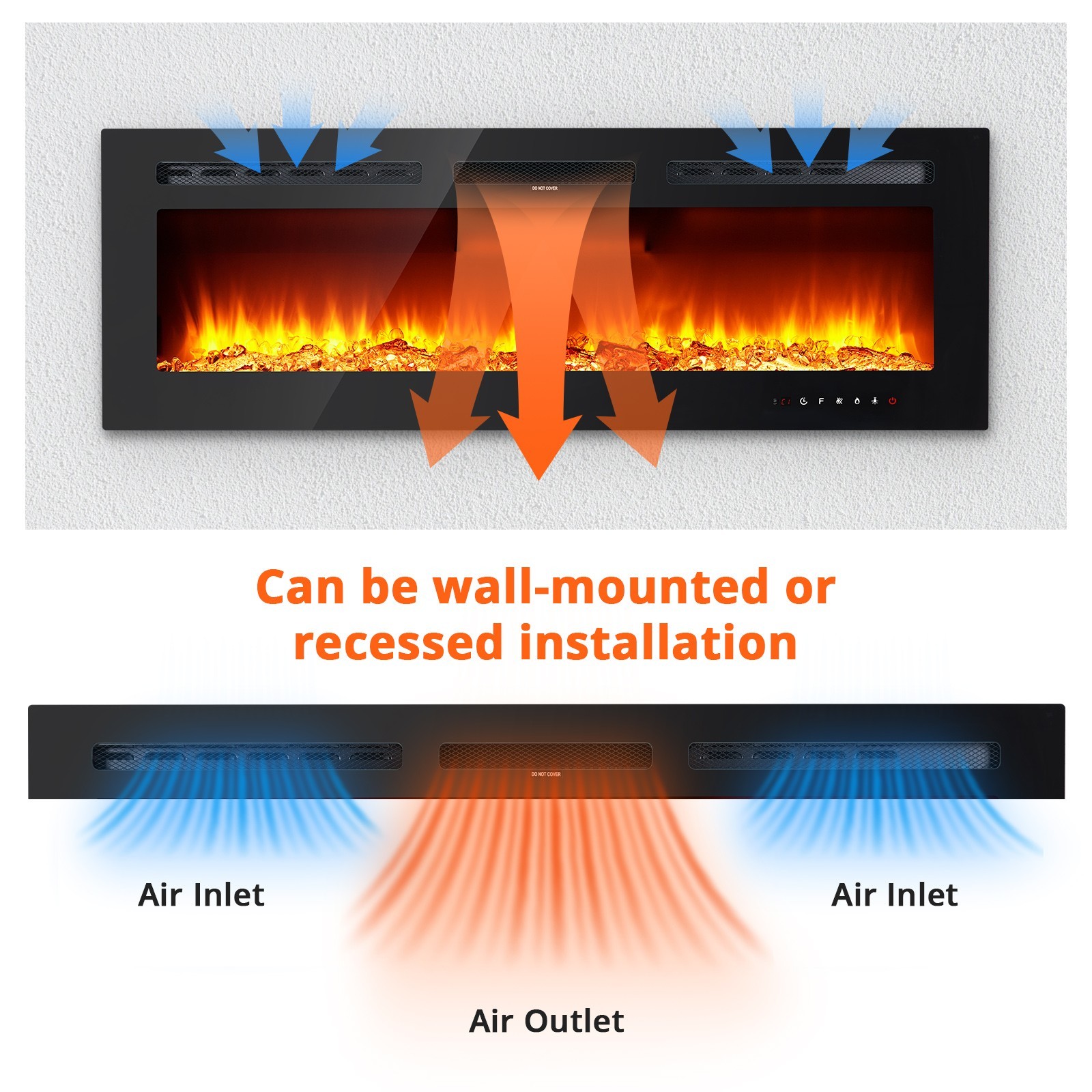 60″ Ultra-Thin Recessed / Wall Mount Electric Fireplace, 1500W Heater, 12-Color