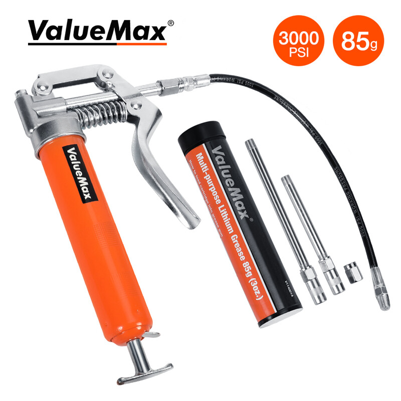 ValueMax Mini Grease Gun Kit 3OZ Grease 12” Flexible Hose 5” 3″ Extension Tube