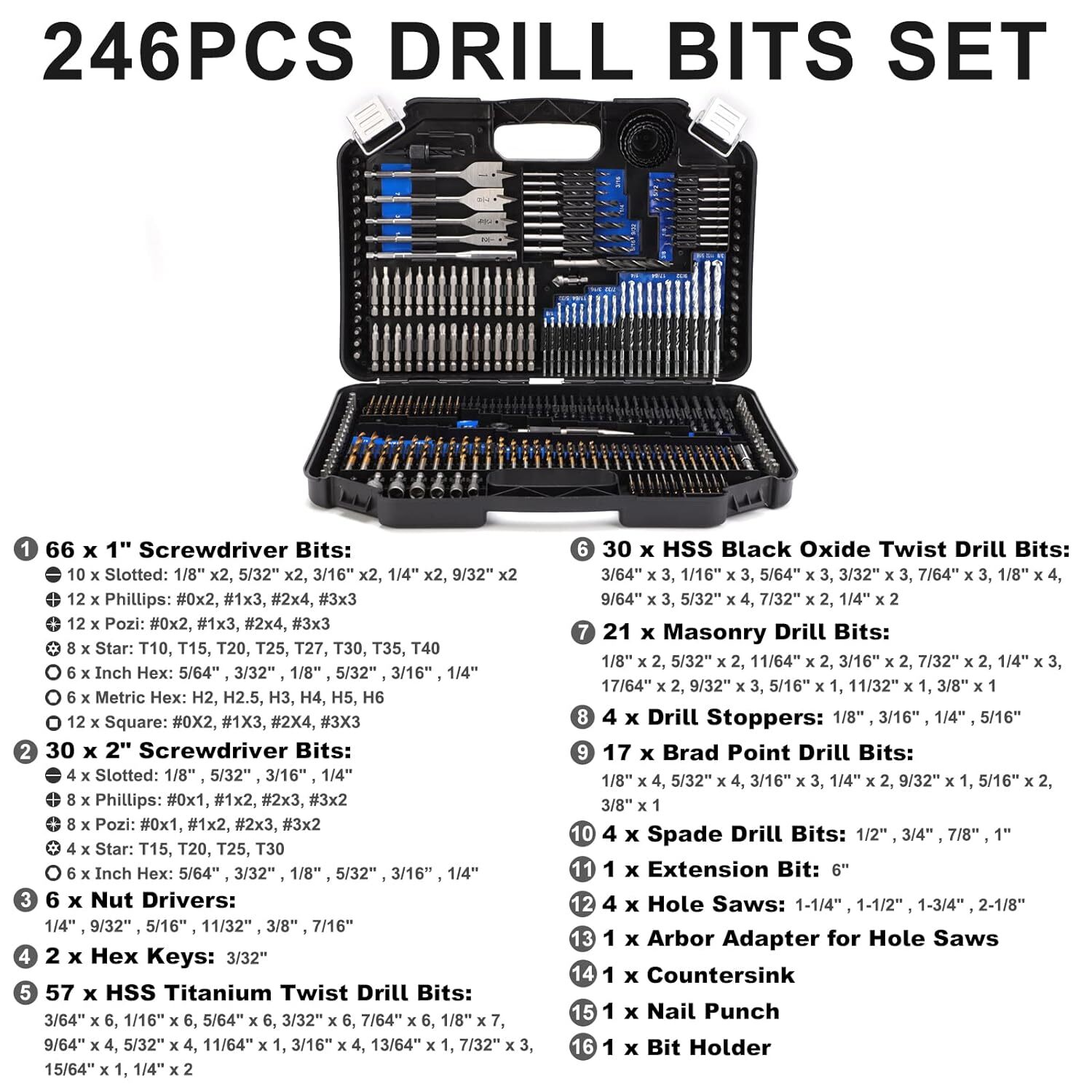 Drill Bit Set, 246 Pcs for Cordless Drill, Drill Driver Bit Set for Wood, Metal,