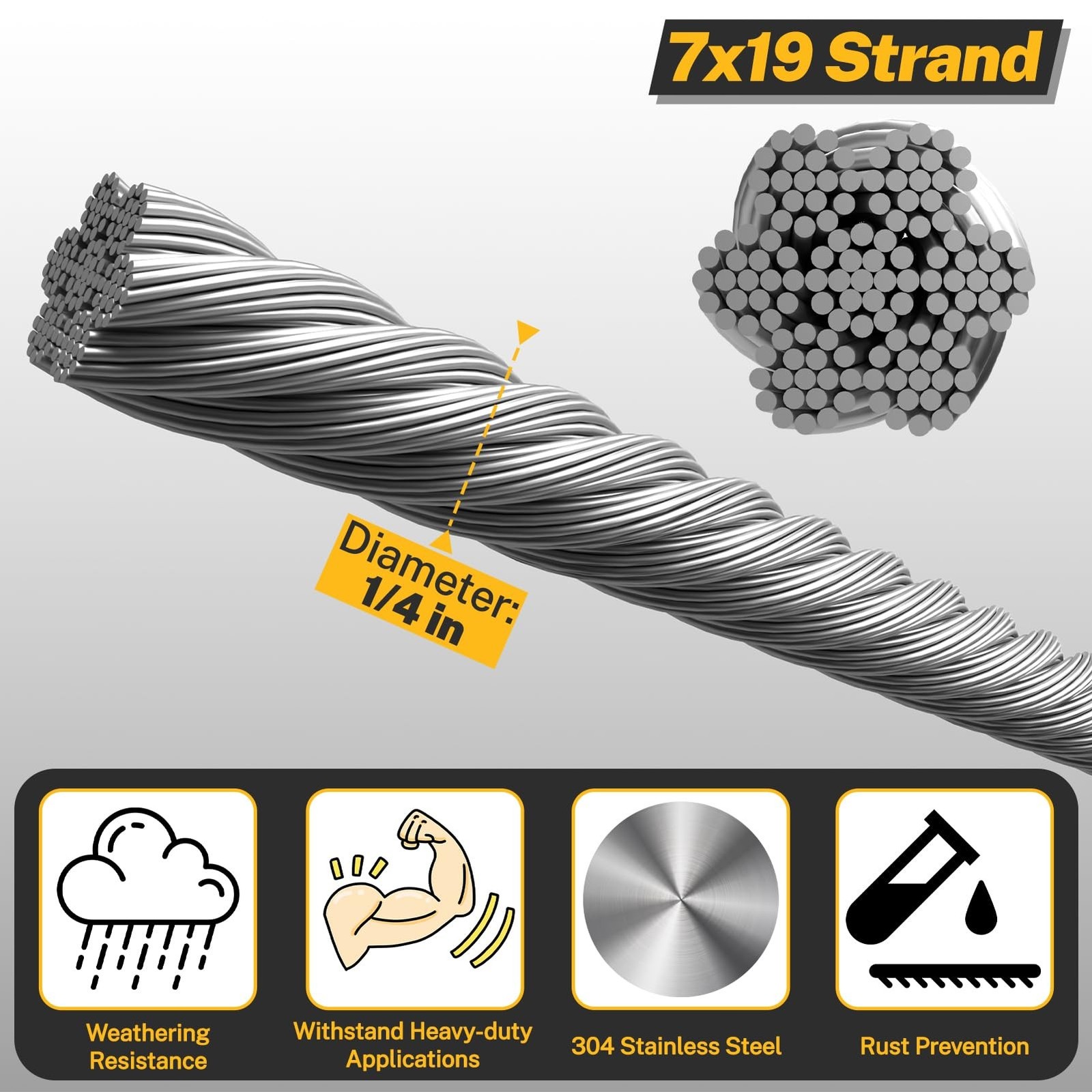 1/4″ Wire Rope,25FT 304 Stainless Steel Wire Cable Kit,7×19 Strand Core with …