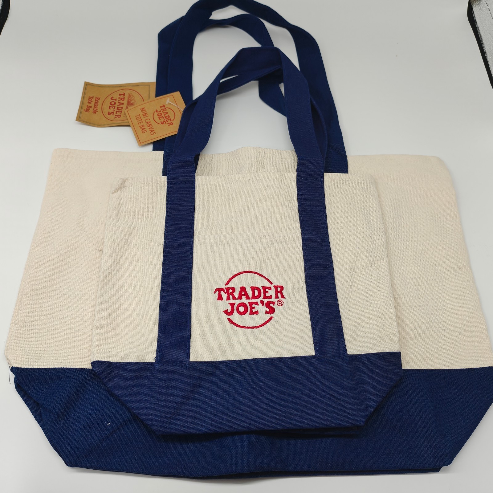 TRADER JOE’S MINI AND LARGE CANVAS BAG HEAVY COTTON REUS SHOPPING BAG NAVY BLUE