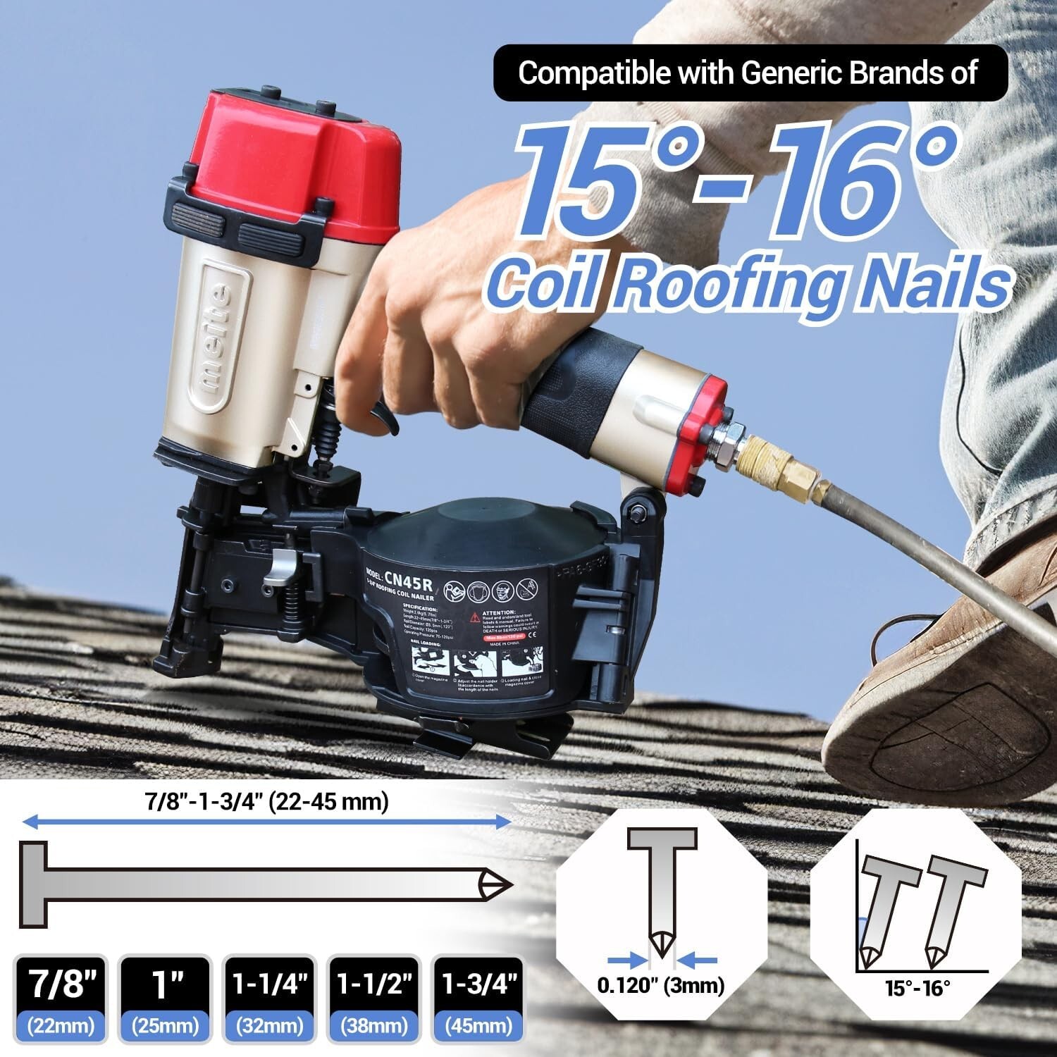 meite 15 Degree Roofing Nailer CN45R Pneumatic Coil Roofing Nail Gun Pistolas