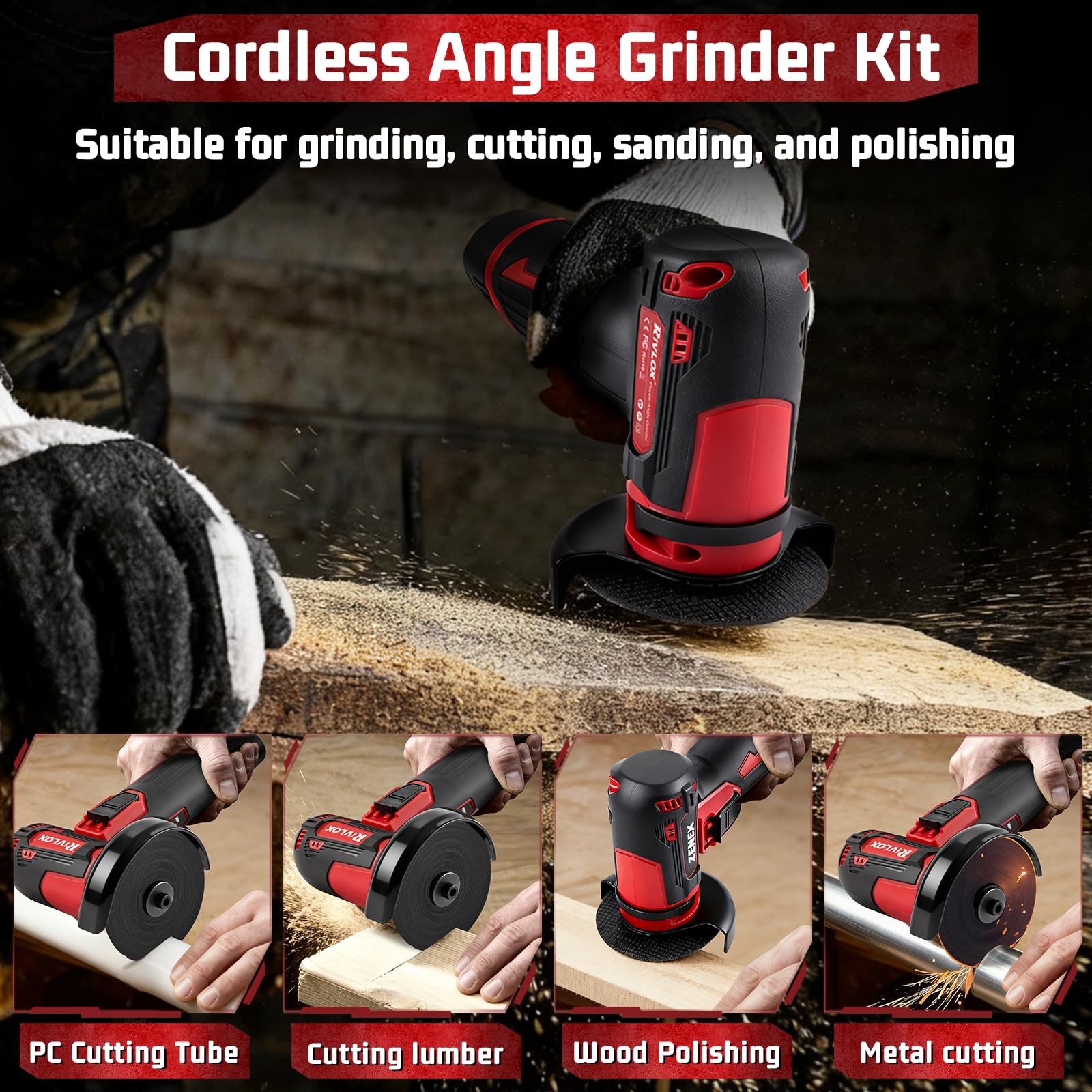 Cordless Angle Grinder Kit, 3-inch Mini Angle Grinder Tool with 2Pcs 12V 1500mAh