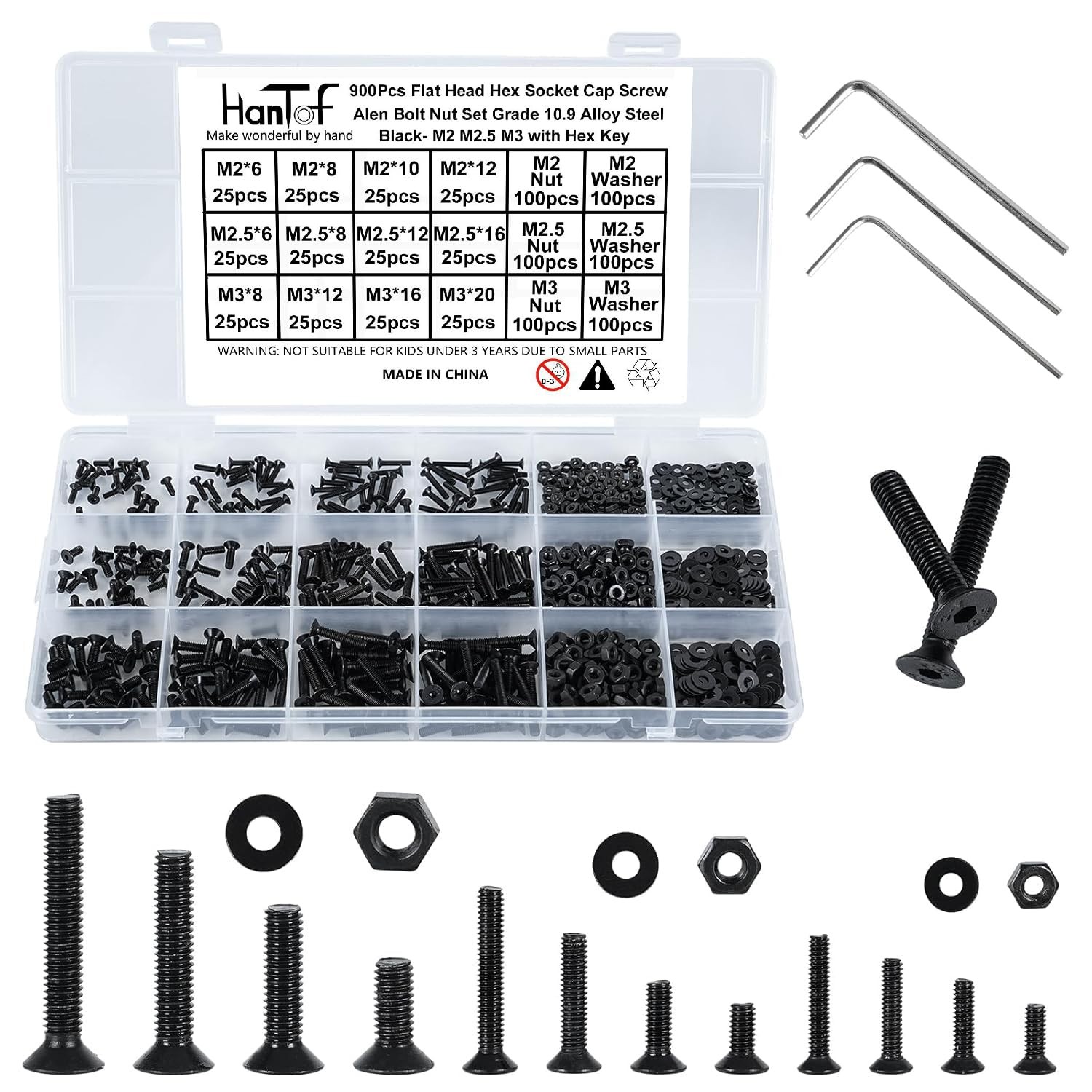 900 Pcs M2 M2.5 M3 Screws Bolts Nuts Washers Assortment Kit,Come with Hex Wrench