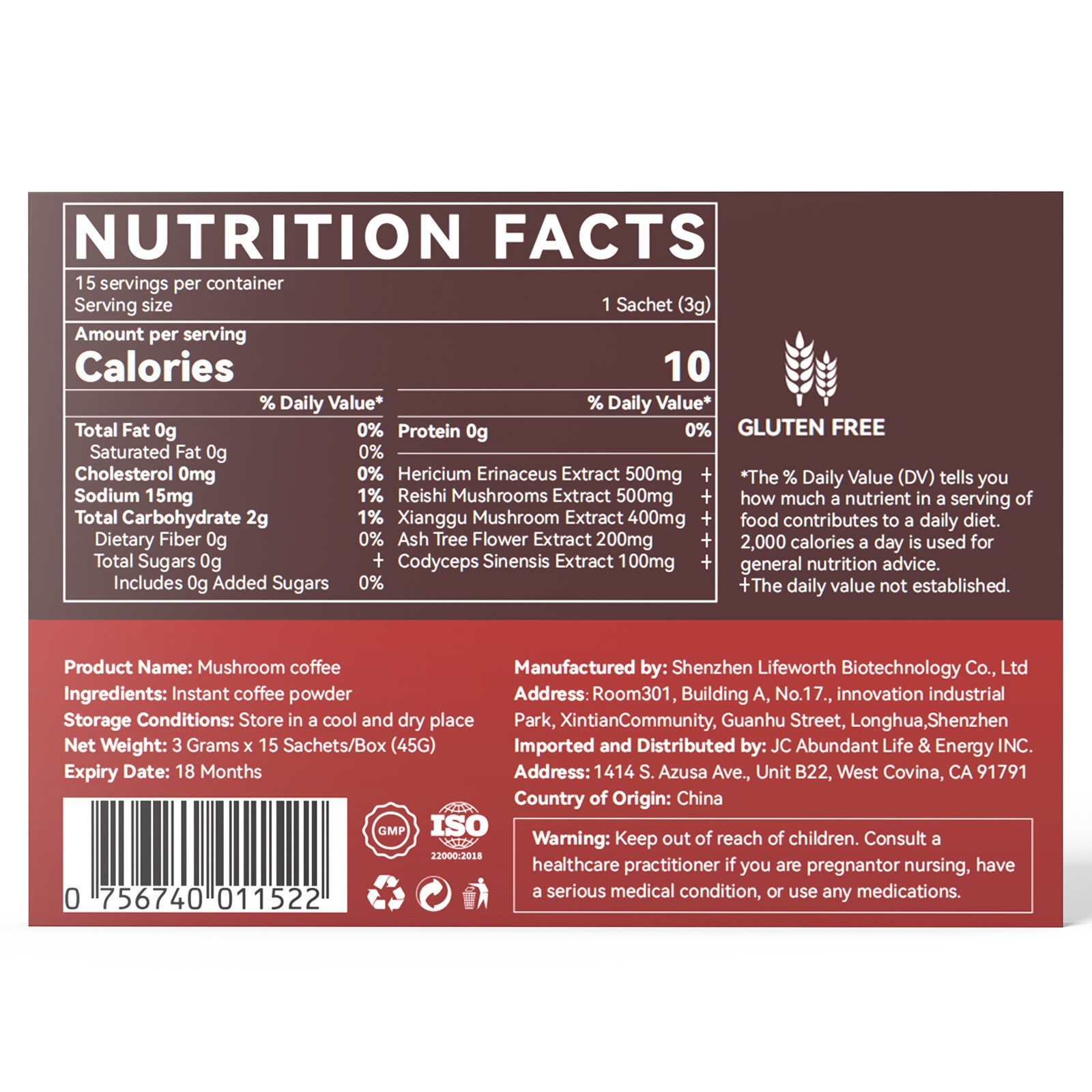 Organic Mushroom Coffee Instant Coffee, 14 Mushroom Extract Energy & Brain Boost