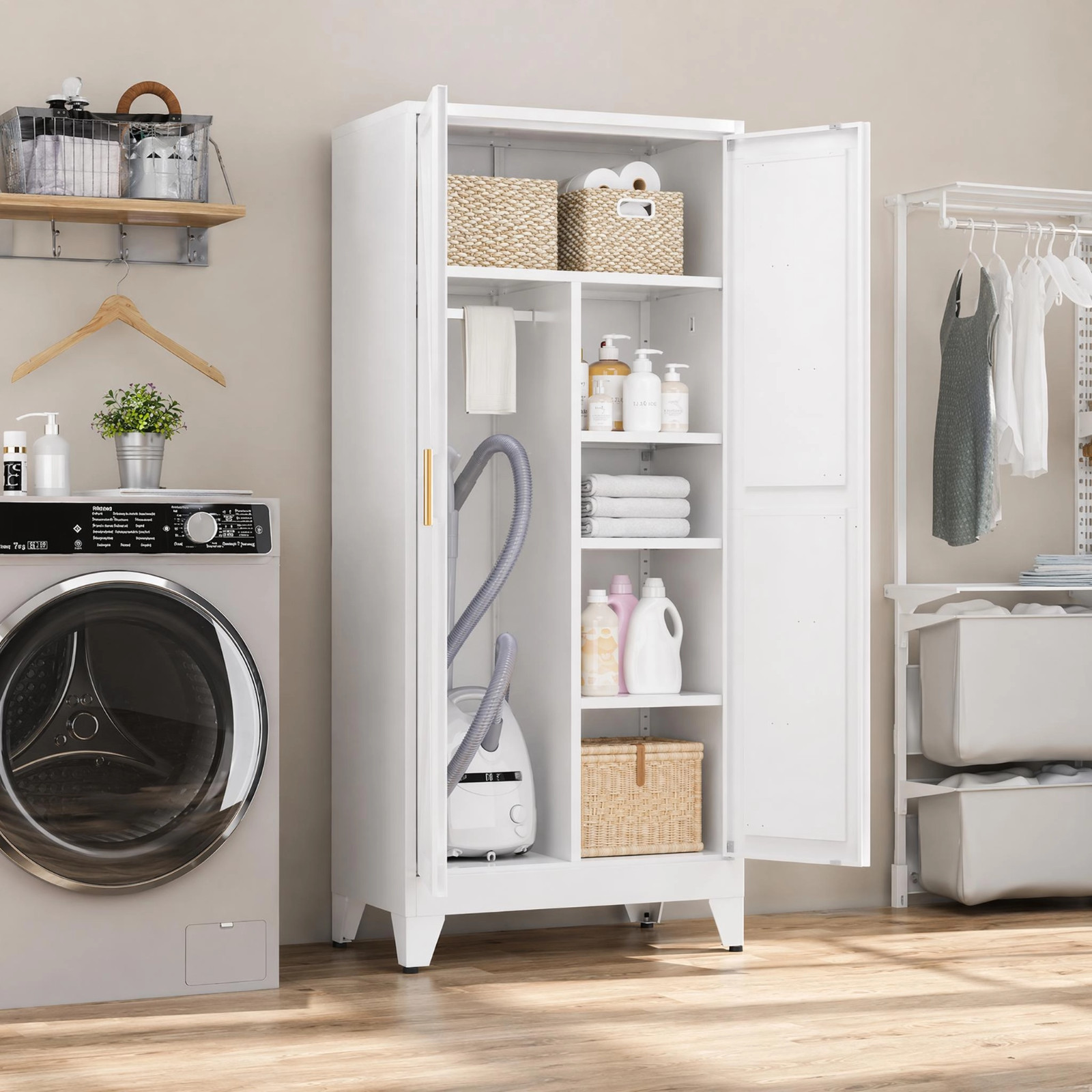 71″ White Metal Cabinet w/Doors/Shelves, for Bathroom, Living Rm, Storage